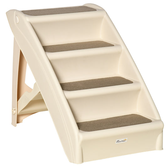 PawHut Escalera Plegable para Mascotas de 4 Peldaños Escalón para Perros Gatos Portátil con Alfombras Antideslizantes para Cama Sofá Carga 20 kg 62x38x49,5 cm Beige