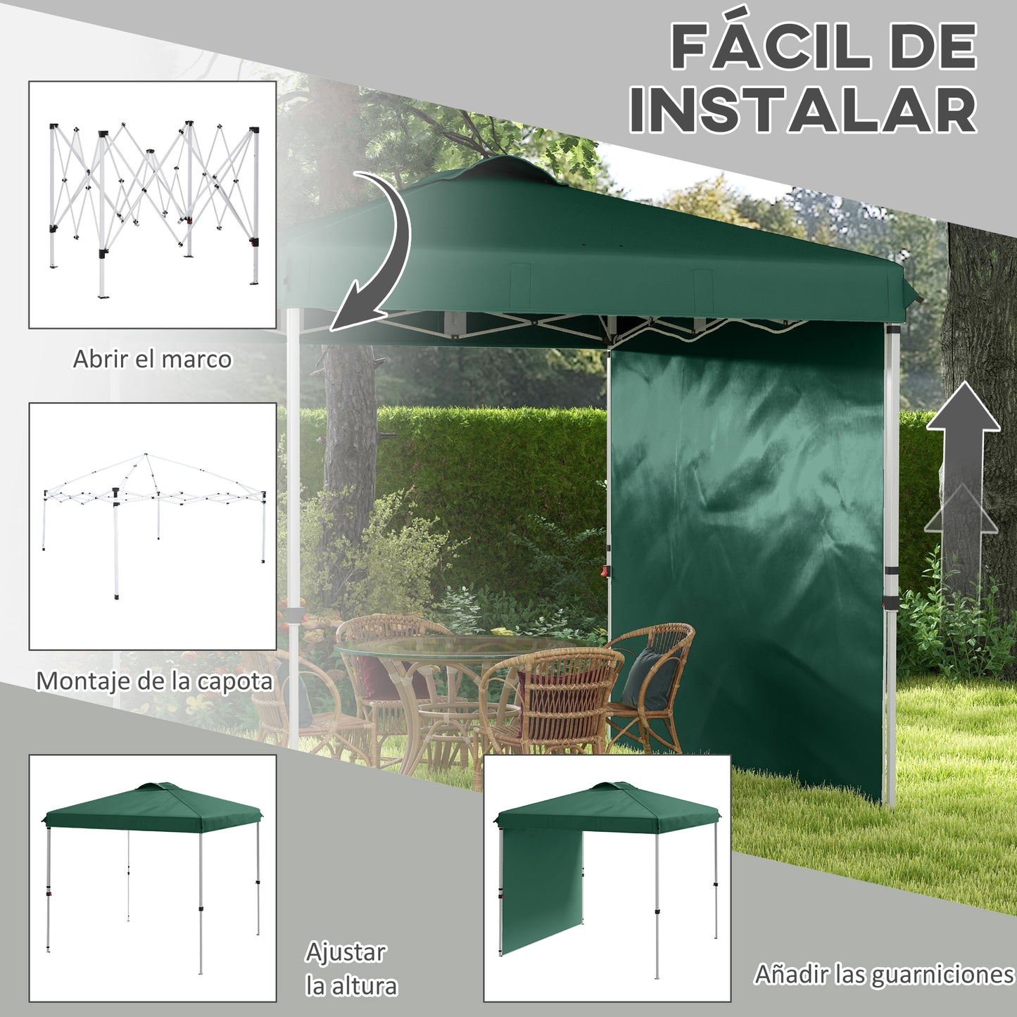 Outsunny Carpa Plegable 2,5x2,5 m Cenador de Jardín con 1 Pared Lateral Altura Ajustable en 3 Niveles Anti-UV Impermeable y Bolsa de Arena Gazebo para Exterior Camping Fiestas Verde