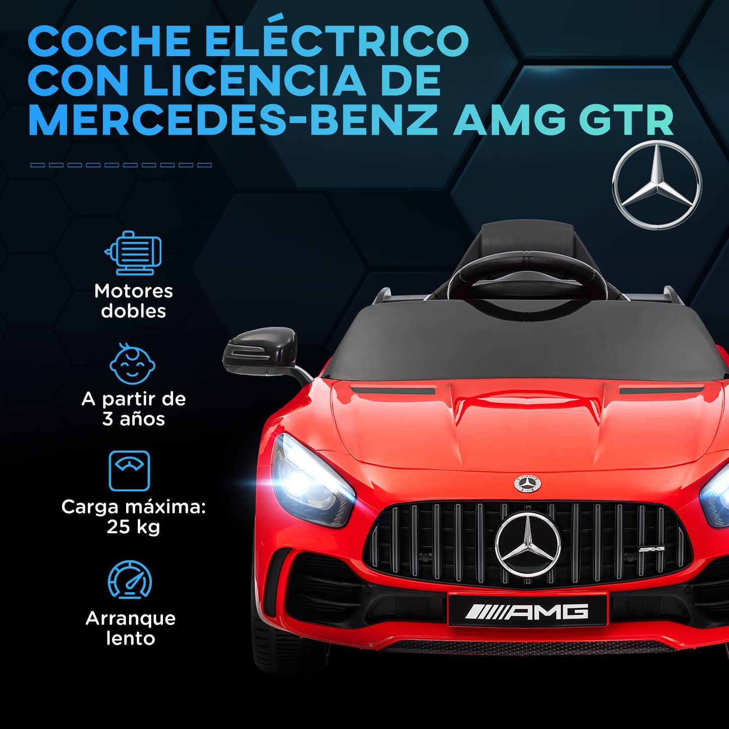 AIYAPLAY Coche Eléctrico para Niños de +3 Años Mercedes-Benz AMG GTR Carro Eléctrico Infantil con Batería 12V Mando a Distancia Faros Bocina Música MP3 Arranque Lento y Pantalla Rojo