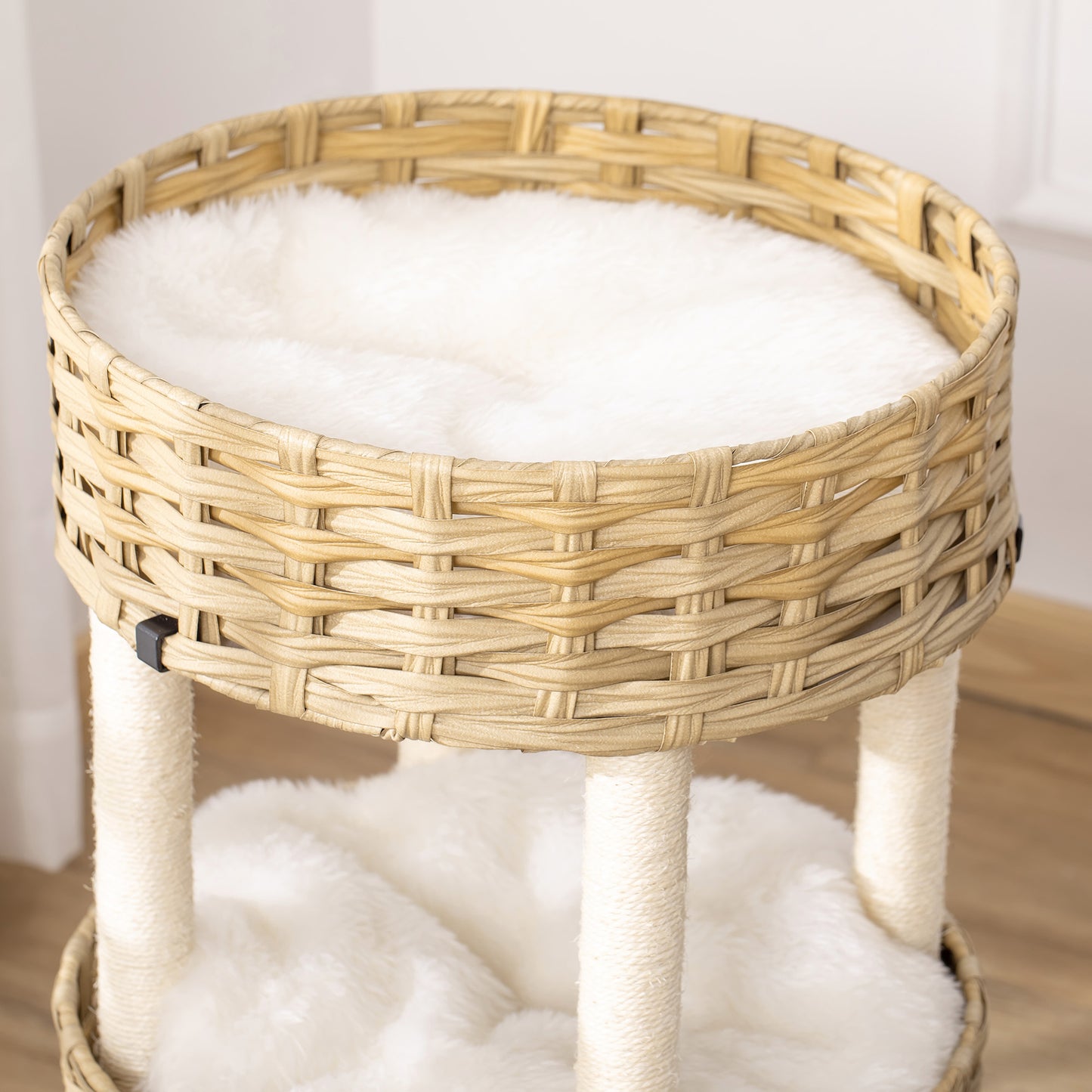 PawHut Árbol Rascador para Gatos de Ratán Torre de Gatos Mediano con Cueva 2 Camas Postes de Sisal Natural y Cojines Lavables de Felpa Suave Ø40,5x69 cm Natural