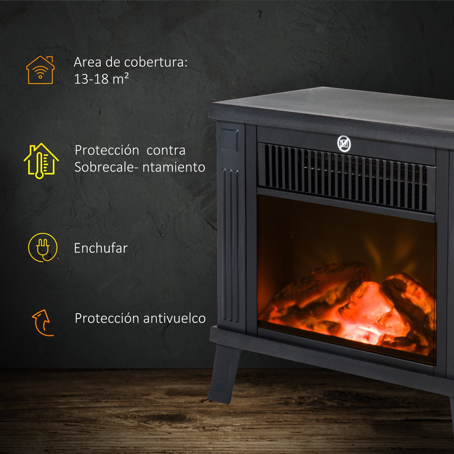 HOMCOM Chimenea Eléctrica Portátil 600/1200W Chimenea Decorativa con Efecto de Llama y Protección contra Sobrecalentamiento para Salas 13-18 m² 34x17x31 cm Negro