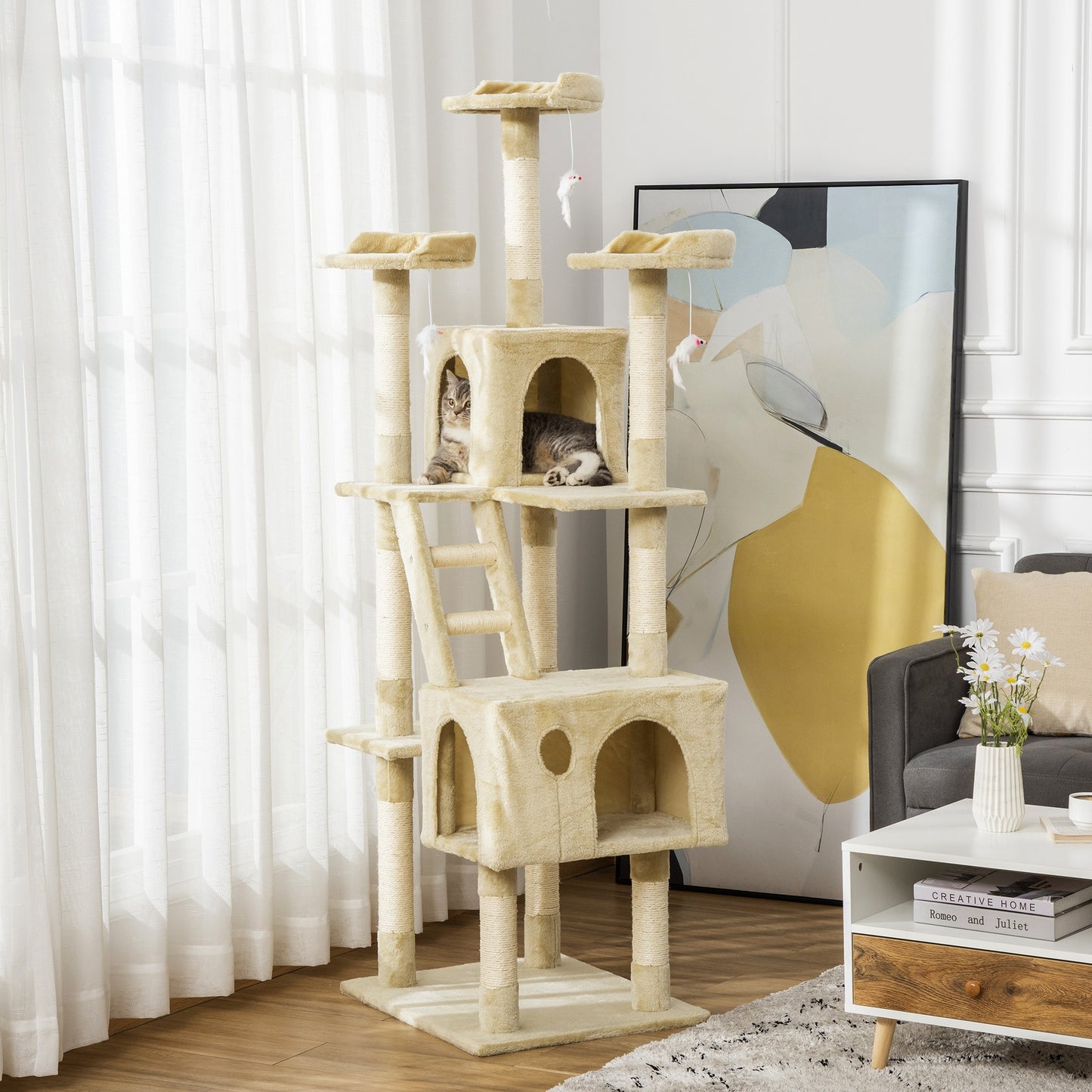 PawHut Rascador Árbol para Gatos Grande 60x50x181 cm con Poste de Arañar Múltiples Plataformas Escaleras Cuevas Juguetes Centro de Actividades Beige