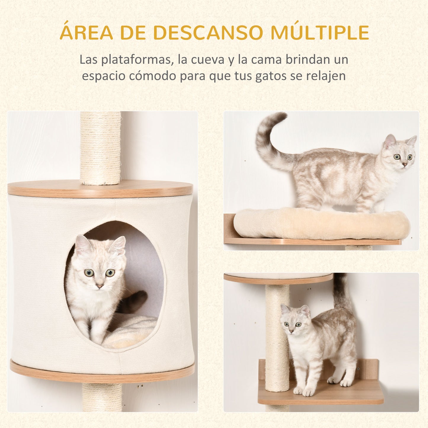 PawHut Árbol para Gatos de Pared 38x30x149 cm con Múltiples Plataformas de Madera Cueva Cama Superior Cojín Extraíble Postes Rascadores de Sisal Torre para Escalar Beige y Roble