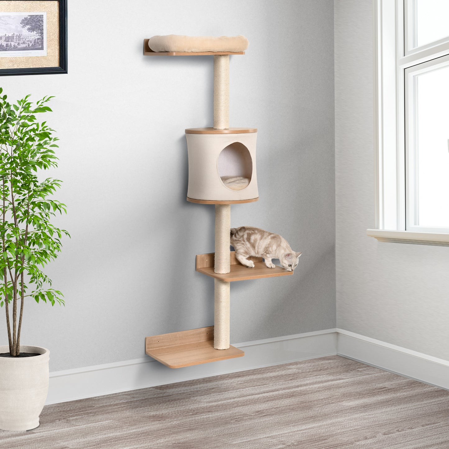 PawHut Árbol para Gatos de Pared 38x30x149 cm con Múltiples Plataformas de Madera Cueva Cama Superior Cojín Extraíble Postes Rascadores de Sisal Torre para Escalar Beige y Roble