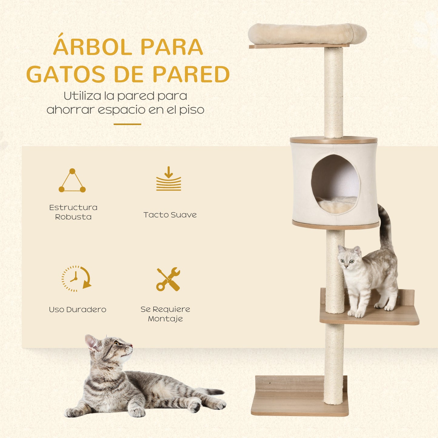 PawHut Árbol para Gatos de Pared 38x30x149 cm con Múltiples Plataformas de Madera Cueva Cama Superior Cojín Extraíble Postes Rascadores de Sisal Torre para Escalar Beige y Roble