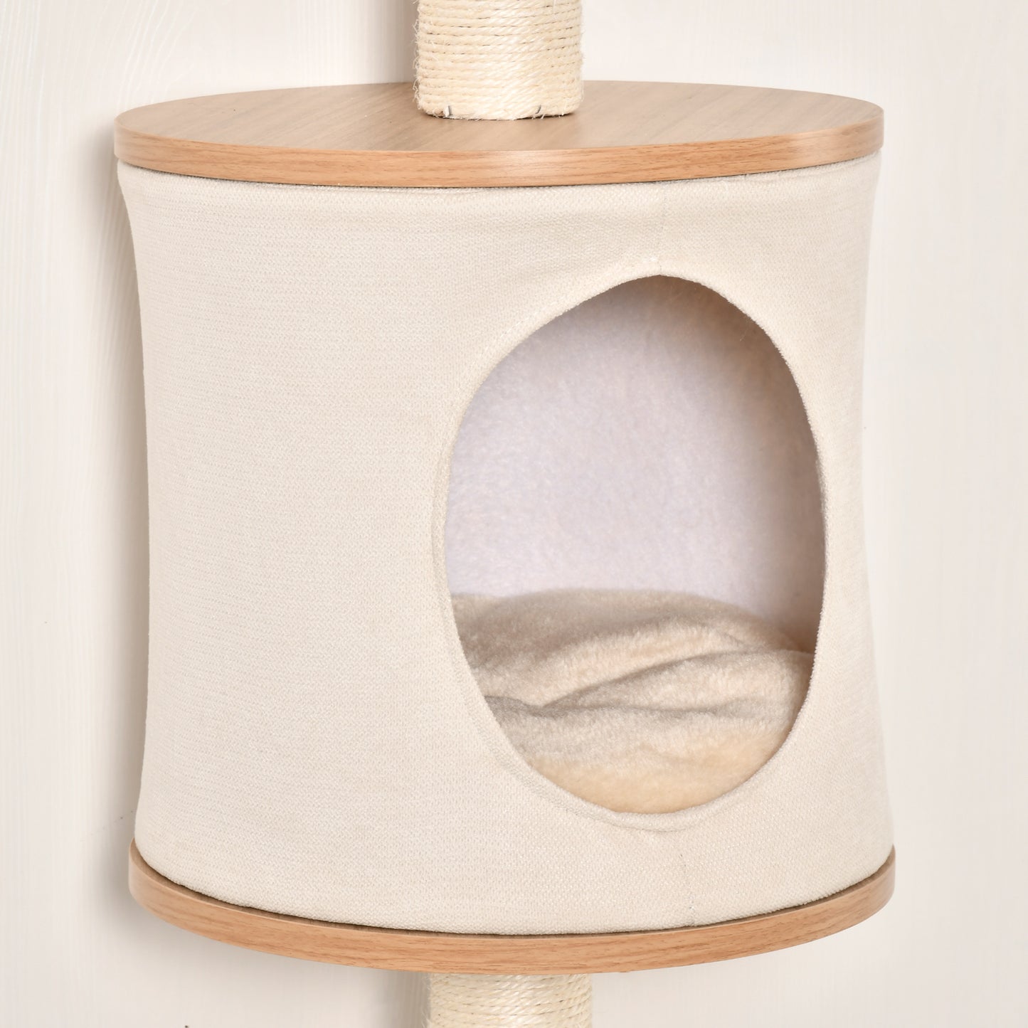 PawHut Árbol para Gatos de Pared 38x30x149 cm con Múltiples Plataformas de Madera Cueva Cama Superior Cojín Extraíble Postes Rascadores de Sisal Torre para Escalar Beige y Roble