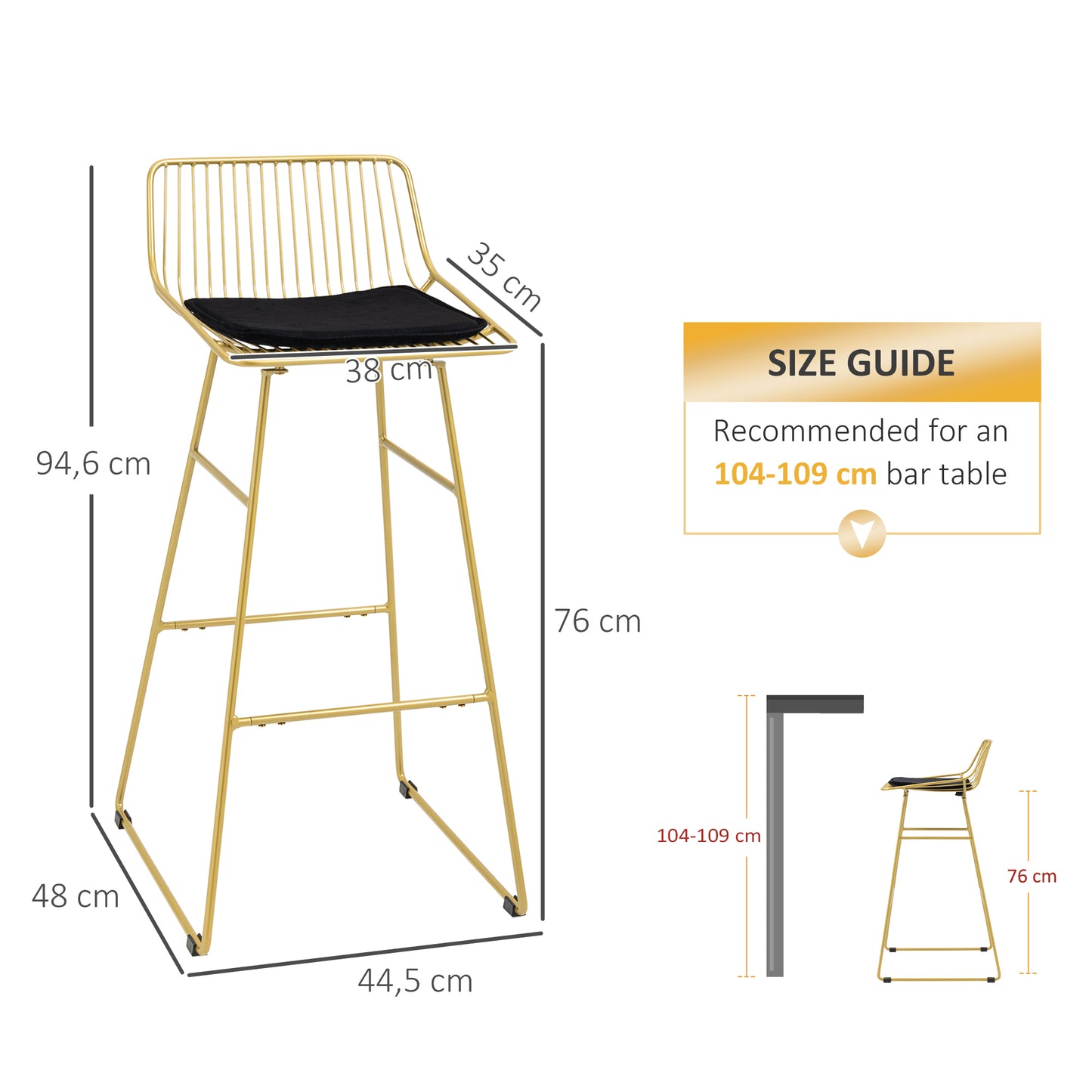 HOMCOM Conjunto de 2 Taburetes Altos de Cocina Sillas Altas de Cocina con Respaldo Cojín y Estructura de Acero Carga 120 kg para Bar Salón Comedor Dorado