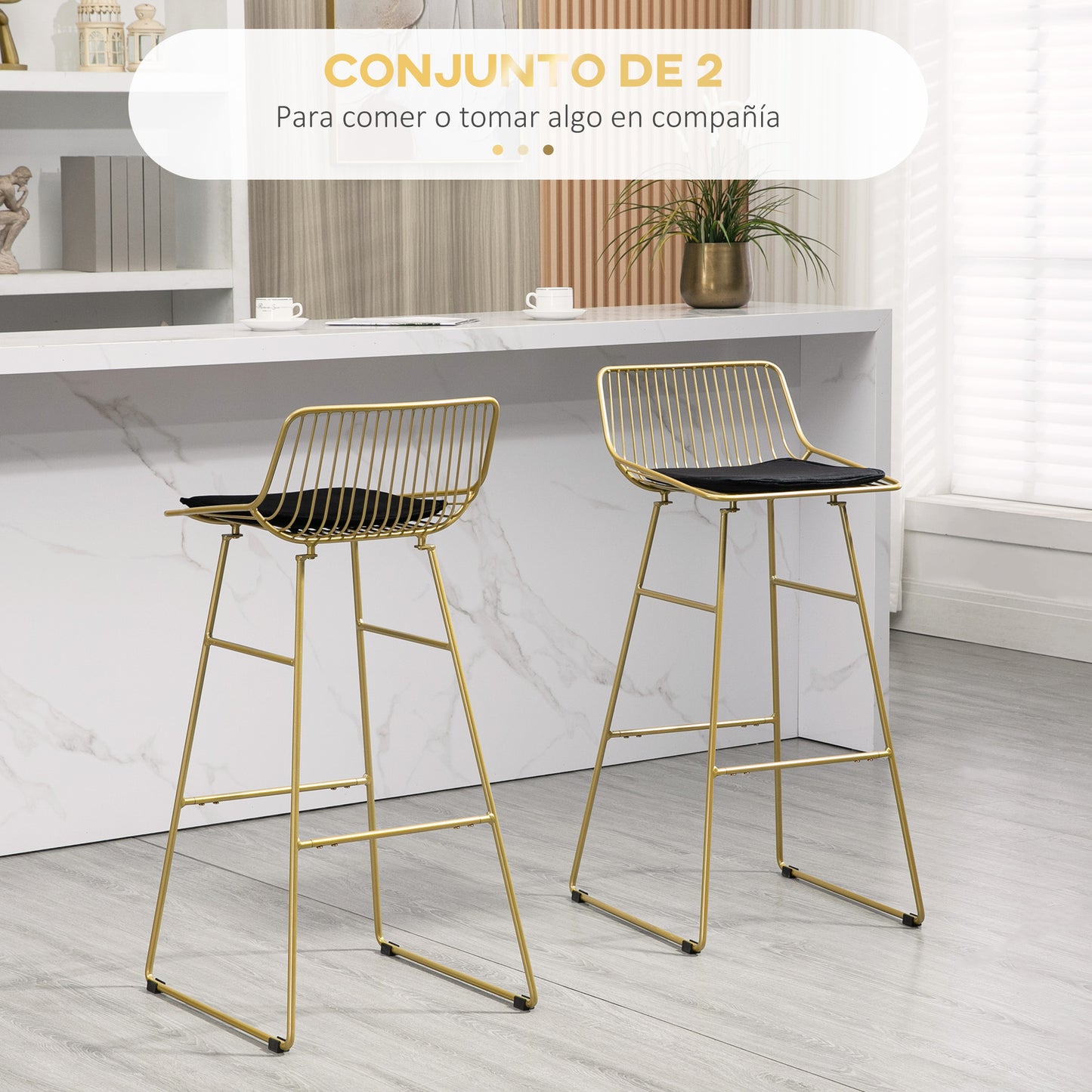 HOMCOM Conjunto de 2 Taburetes Altos de Cocina Sillas Altas de Cocina con Respaldo Cojín y Estructura de Acero Carga 120 kg para Bar Salón Comedor Dorado