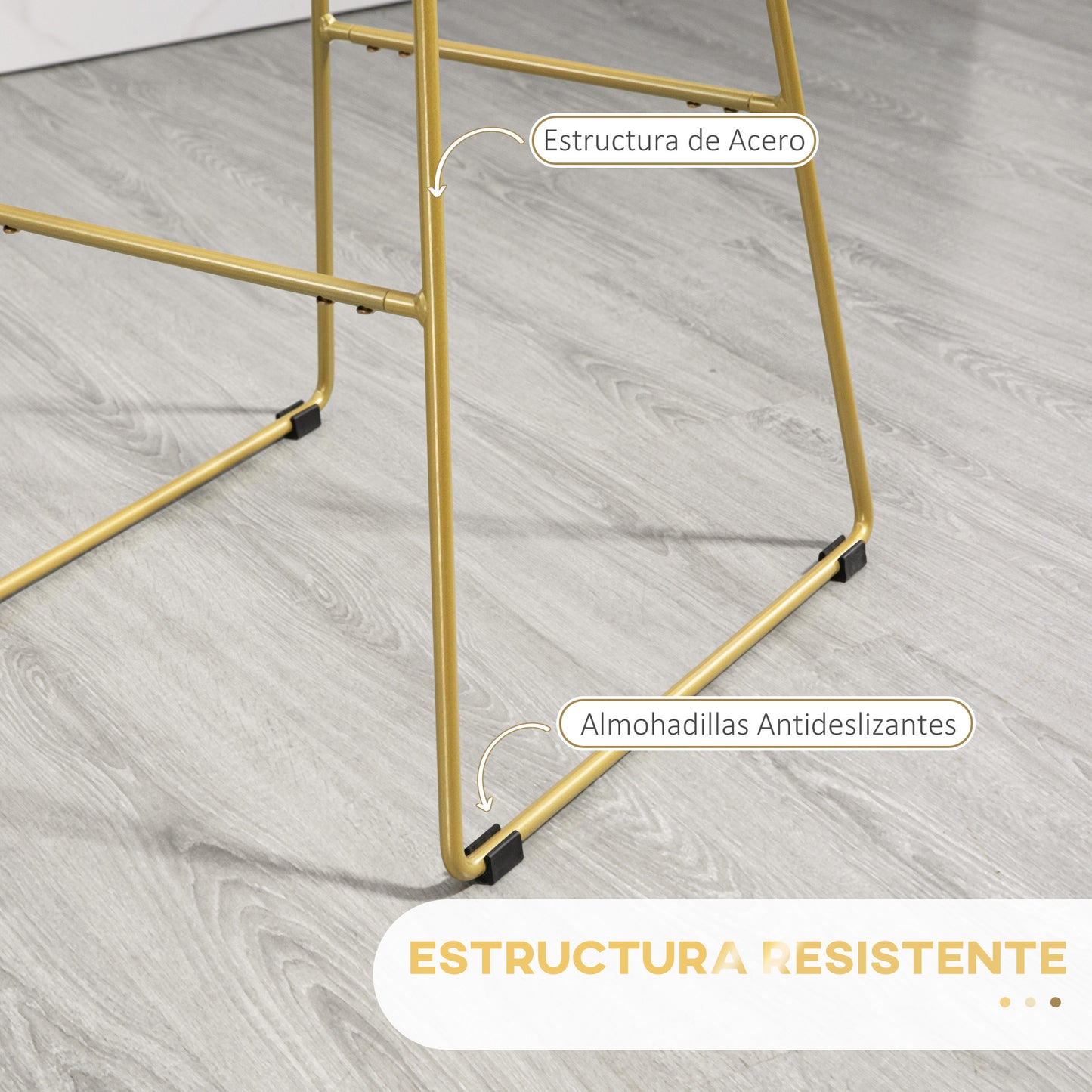 HOMCOM Conjunto de 2 Taburetes Altos de Cocina Sillas Altas de Cocina con Respaldo Cojín y Estructura de Acero Carga 120 kg para Bar Salón Comedor Dorado