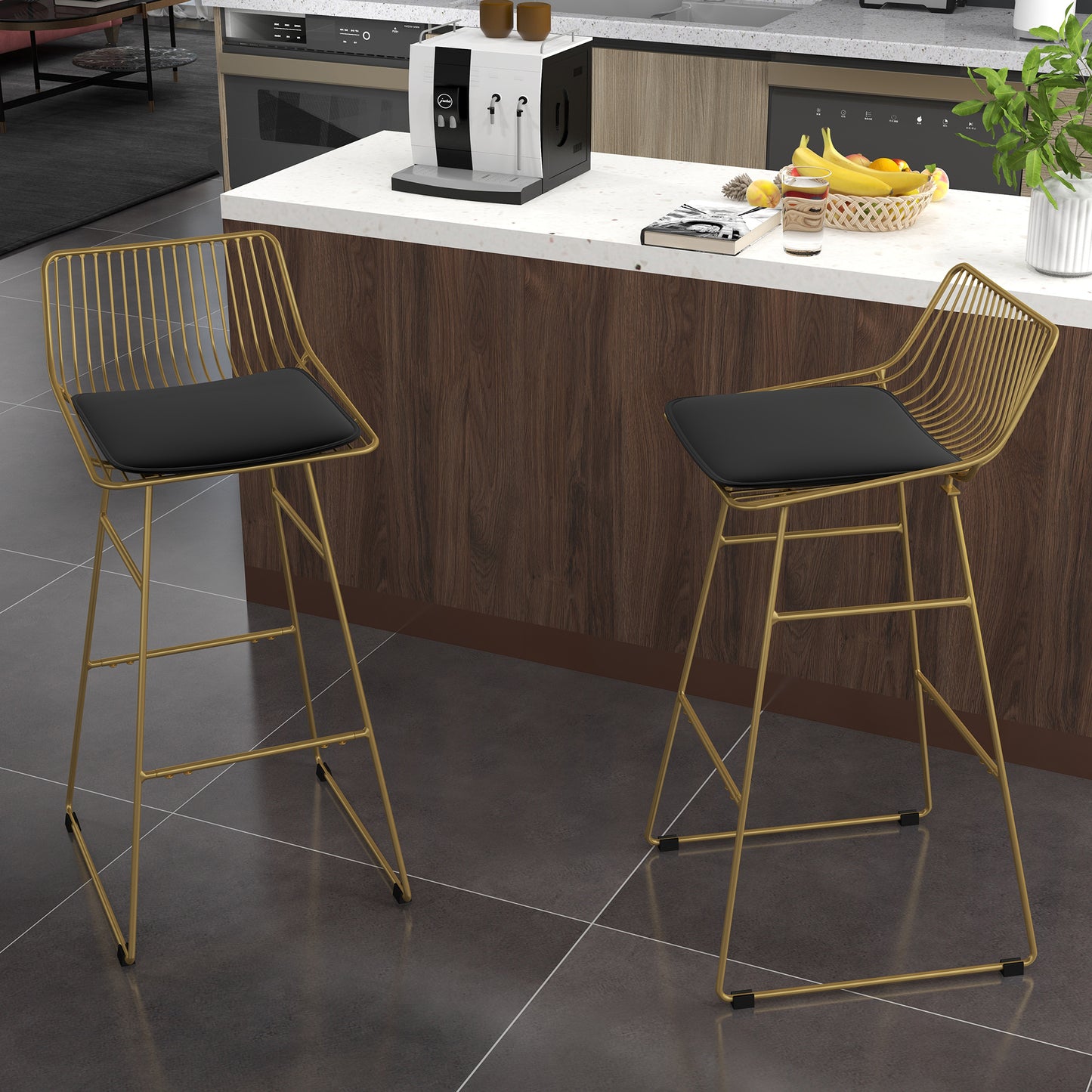 HOMCOM Conjunto de 2 Taburetes Altos de Cocina Sillas Altas de Cocina con Respaldo Cojín y Estructura de Acero Carga 120 kg para Bar Salón Comedor Dorado