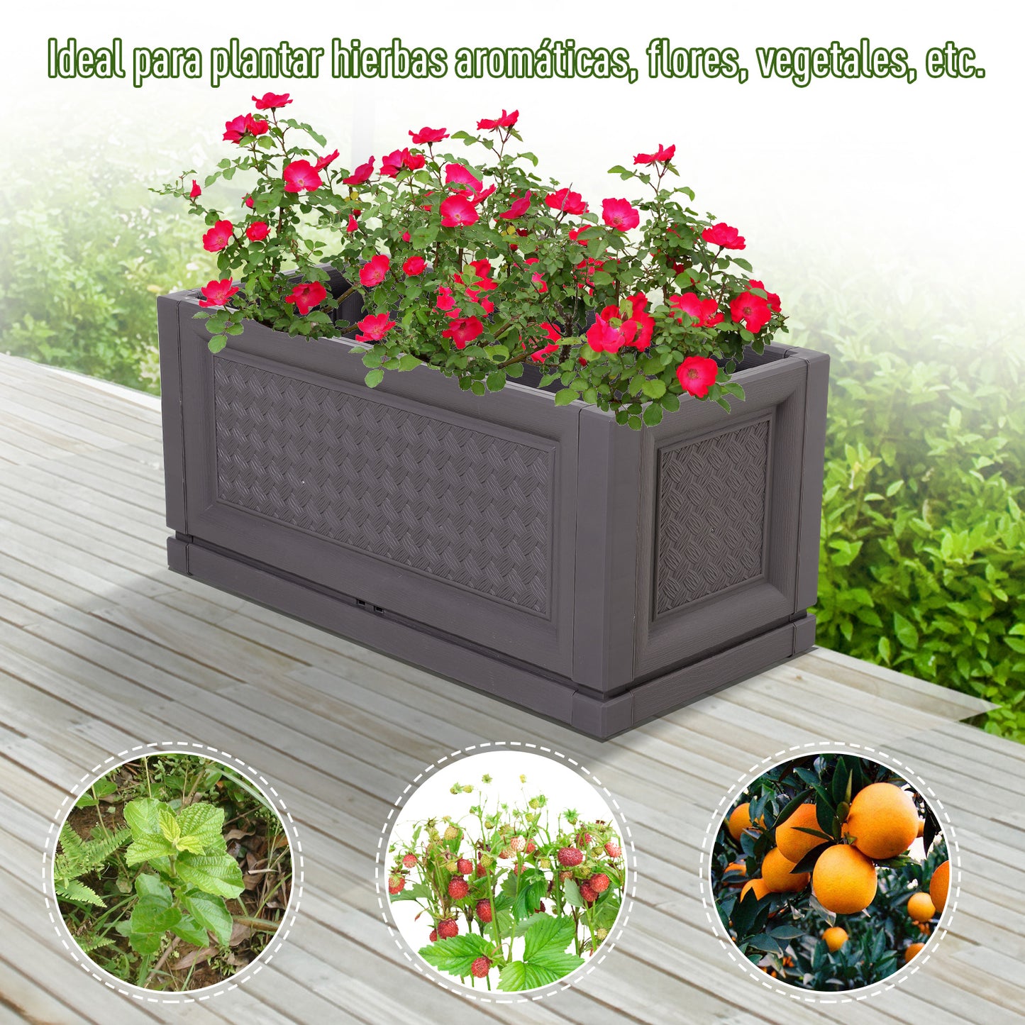Outsunny Jardinera Plástica Maceta para Flores Rectangular con Agujeros de Drenaje y Profundidad Extra 60x30x29 cm Marrón