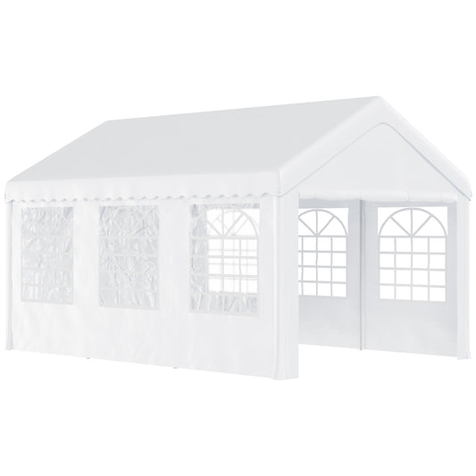 Outsunny Carpa para Fiesta Cochera Gazebo 6x4m Pergola Cenador Pabellón 4 Paneles Laterales Ventanas Anti-UV para Eventos Bodas Acero PE Blanco