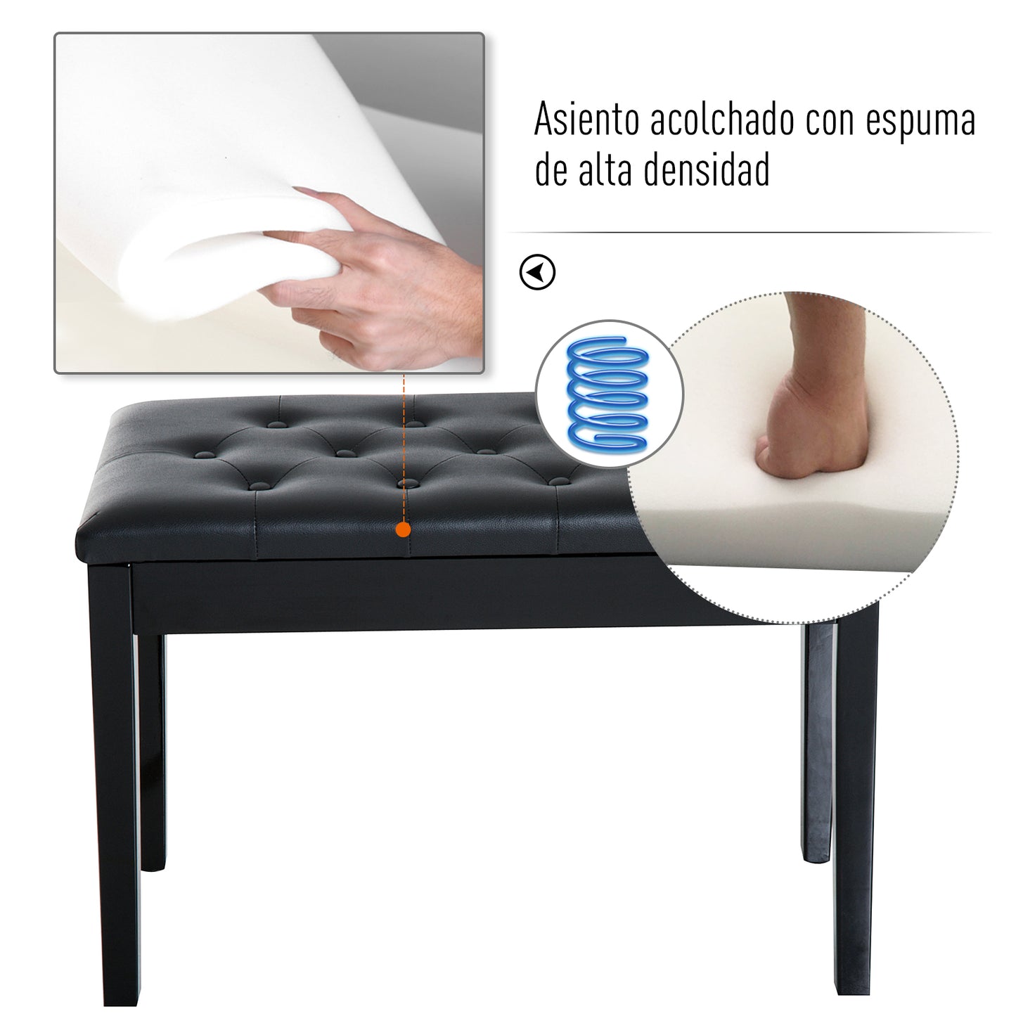 HOMCOM Taburete de Piano Banco de Teclado con Espacio de Almacenamiento Bajo del Asiento de Cuero Sintético 75x35x50 cm Negro