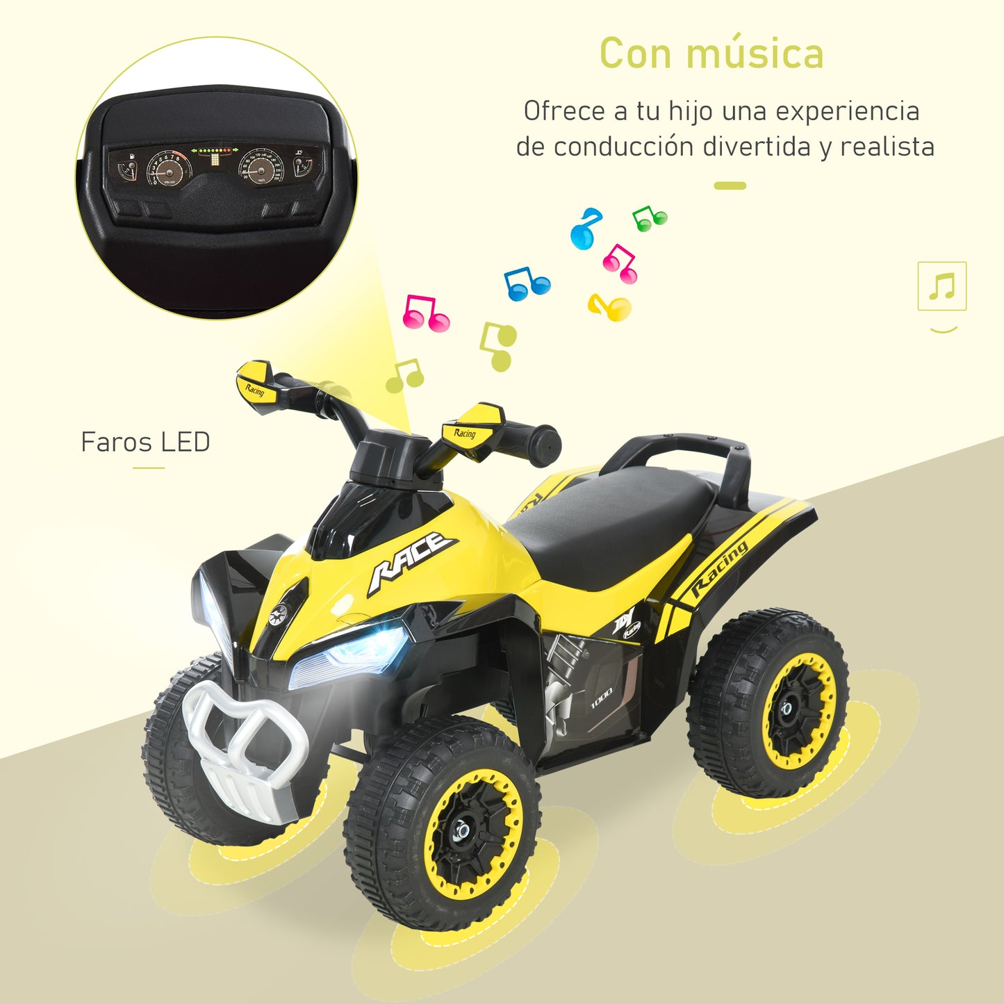 HOMCOM Quad Moto Correpasillo para Niños Mayores de 18-36 Meses con Función de Luces y Música Diseño Novedoso Soporta hasta 20 kg 67,5x38x44 cm Amarillo