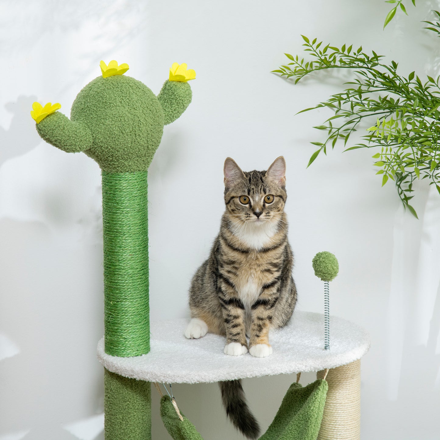 PawHut Árbol Rascador para Gatos con Forma de Cactus Altura 90 cm Torre para Gatos con Hamaca Plataforma Postes de Sisal y Bola Divertida 45x45x90 cm Verde