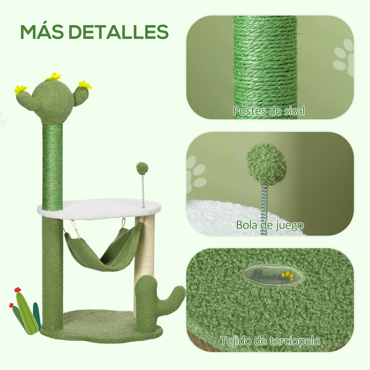 PawHut Árbol Rascador para Gatos con Forma de Cactus Altura 90 cm Torre para Gatos con Hamaca Plataforma Postes de Sisal y Bola Divertida 45x45x90 cm Verde