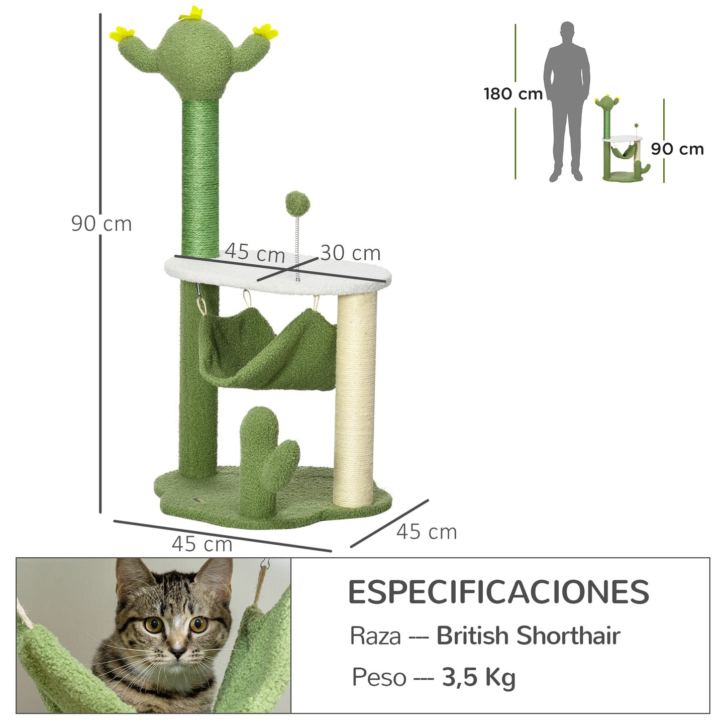 PawHut Árbol Rascador para Gatos con Forma de Cactus Altura 90 cm Torre para Gatos con Hamaca Plataforma Postes de Sisal y Bola Divertida 45x45x90 cm Verde