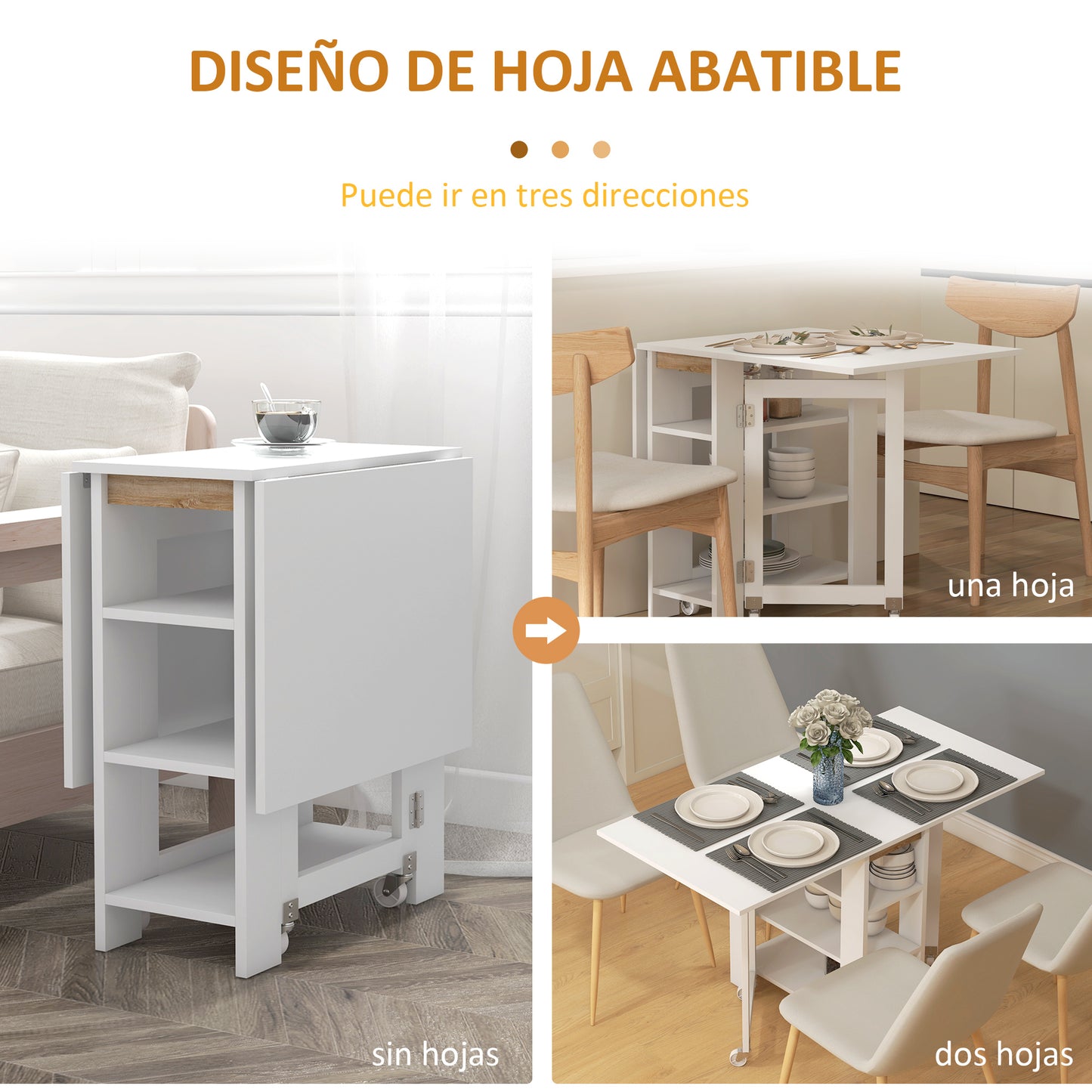 HOMCOM Mesa Plegable con Alas Abatibles Mesa de Comedor Plegable Mesa de Cocina con 2 Ruedas y Estantes Estilo Moderno 120x60x75 cm Blanco