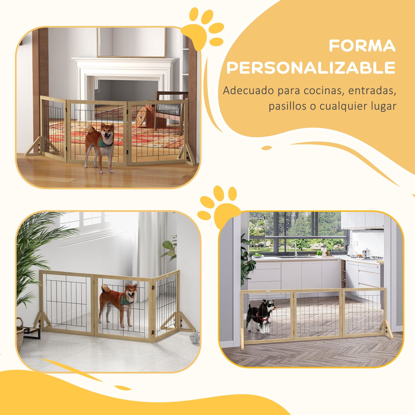 PawHut Barrera para Perros de Madera Valla para Mascotas Plegable de 3 Paneles con Plegado Bidireccional y Patas de Apoyo Triangulares para Puerta Pasillo Escalera 210x44x70 cm Madera Natural