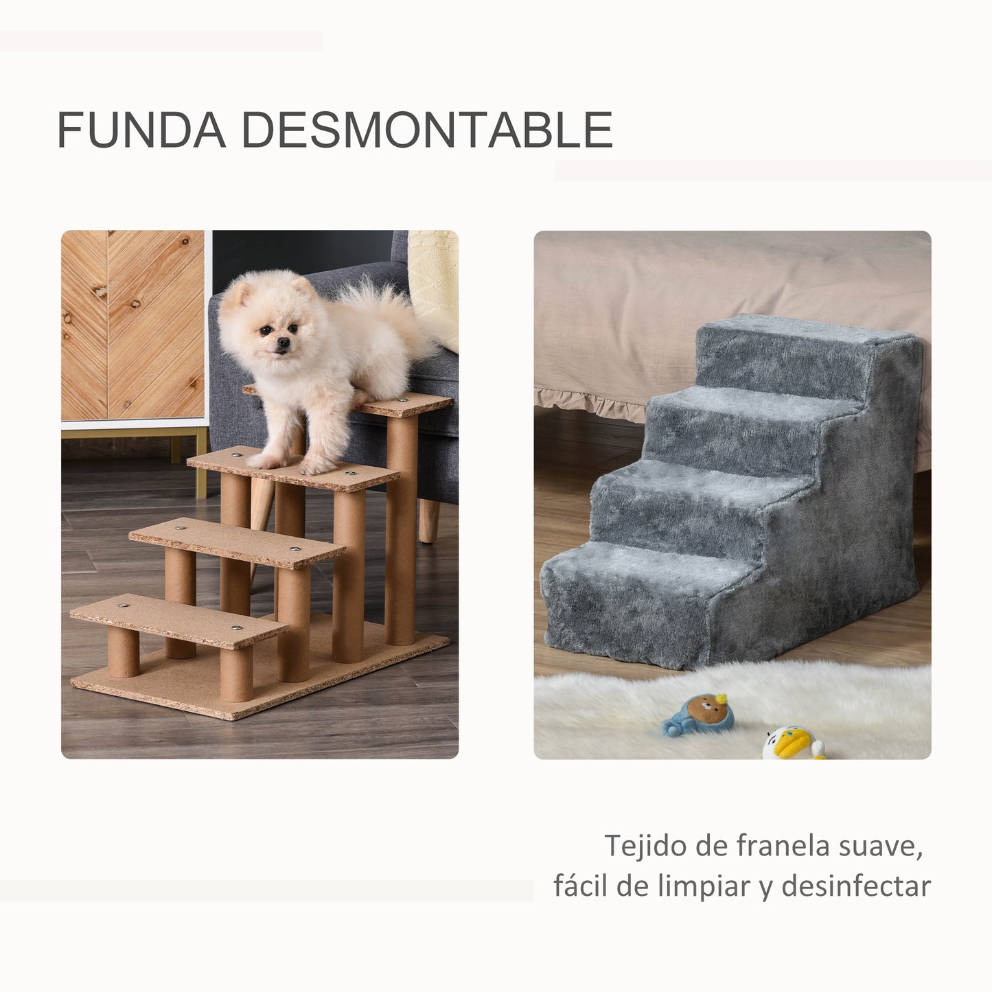 PawHut Escalera para Perros de 4 Peldaños Escalera para Mascotas con Funda Extraíble y Lavable para Cama Sofá 60x35x44 cm Gris