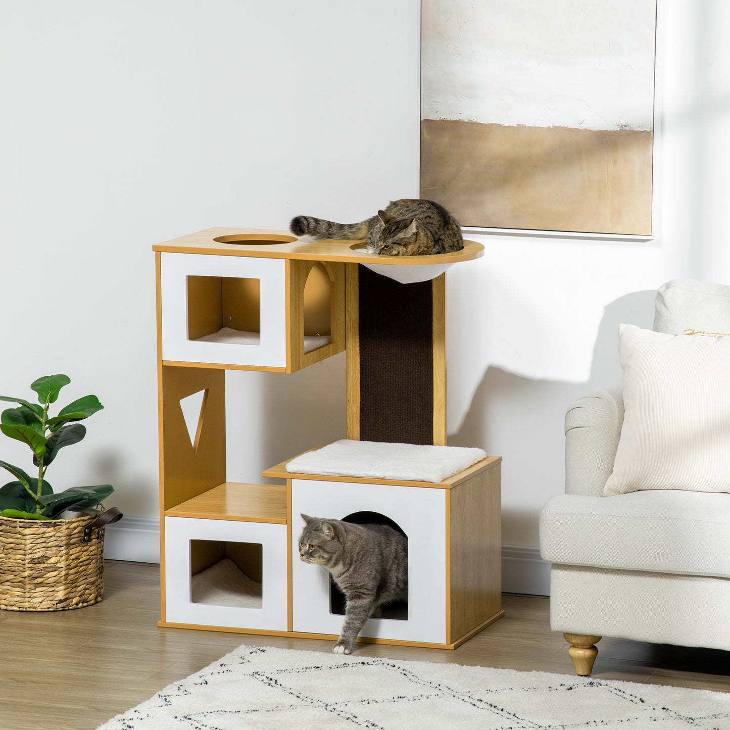 PawHut Árbol Rascador para Gatos Altura 92,5 cm Torre para Gatos con 3 Casetas de Madera Cojines Lavables Tabla de Rascador y Hamaca 76x37x92,5 cm Roble