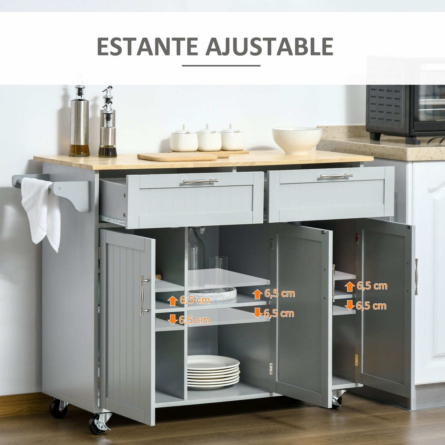 HOMCOM Isla de Cocina Carro de Cocina con Ruedas Carrito de Servicio Multiusos con 2 Cajones 3 Puertas Estantes Ajustables y Barra Colgante para Comedor 121x46x91 cm Gris