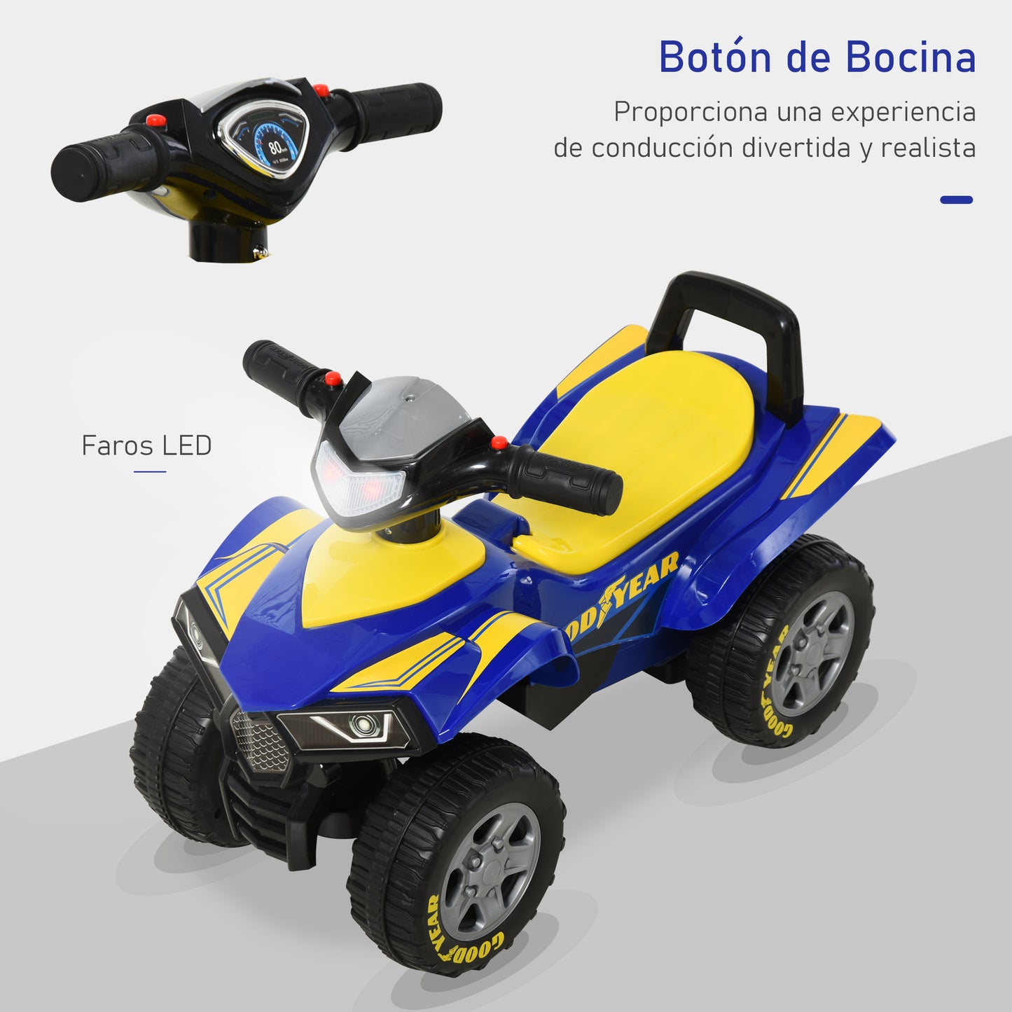 HOMCOM Quad Correpasillos para Niños 18-36 Meses Coche Cuatrimoto con Funciones de Luces Bocina y Espacio Secreto de Almacenaje 60x31x42 cm Azul