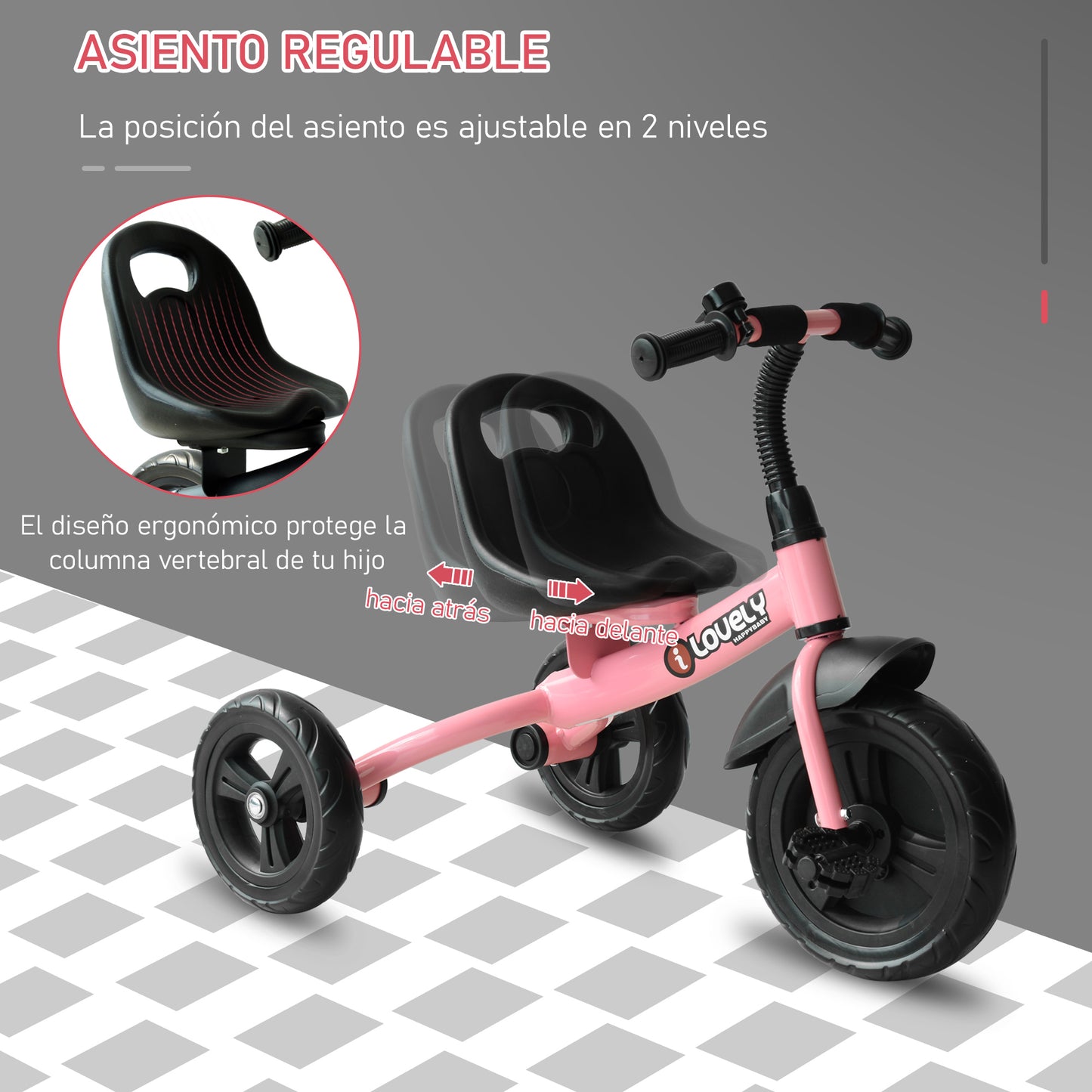 HOMCOM Triciclo para Niños más de 18 meses con Timbre Guardabarros Rueda de Seguridad 79x50,5x58 cm Rosa