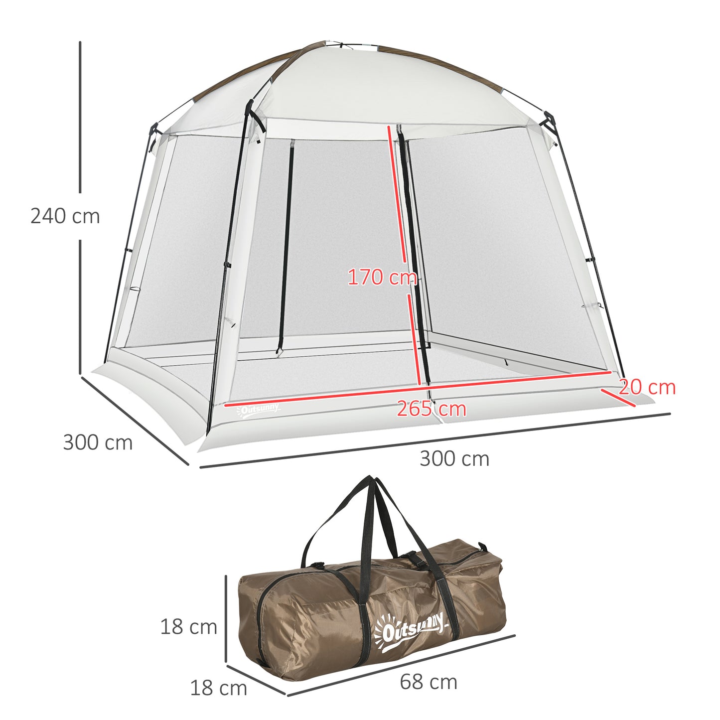 Outsunny Carpa de Jardín 3x3 m Cenador para 6-8 Personas con 4 Mosquiteras y 2 Puertas Protección UV50+ y Bolsa de Transporte Carpa para Camping Terraza Patio Exterior Blanco