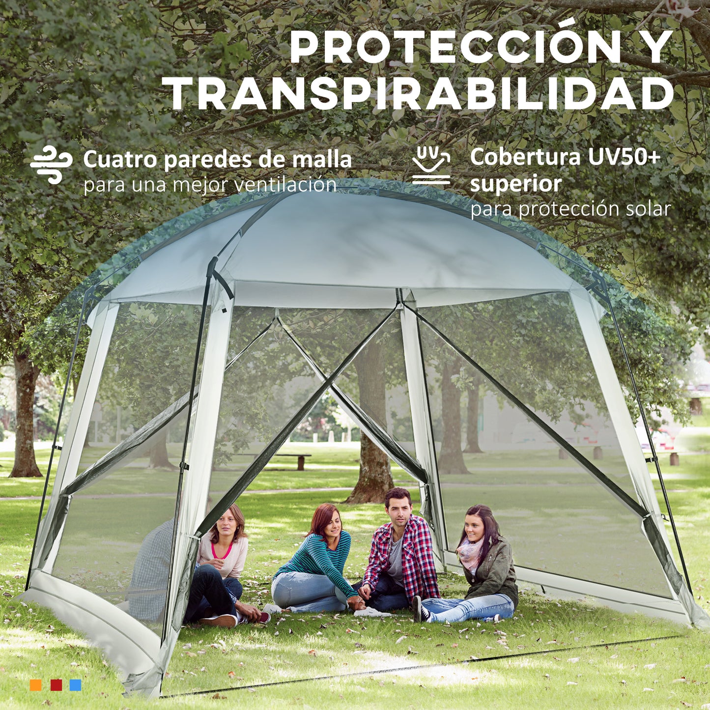 Outsunny Carpa de Jardín 3x3 m Cenador para 6-8 Personas con 4 Mosquiteras y 2 Puertas Protección UV50+ y Bolsa de Transporte Carpa para Camping Terraza Patio Exterior Blanco