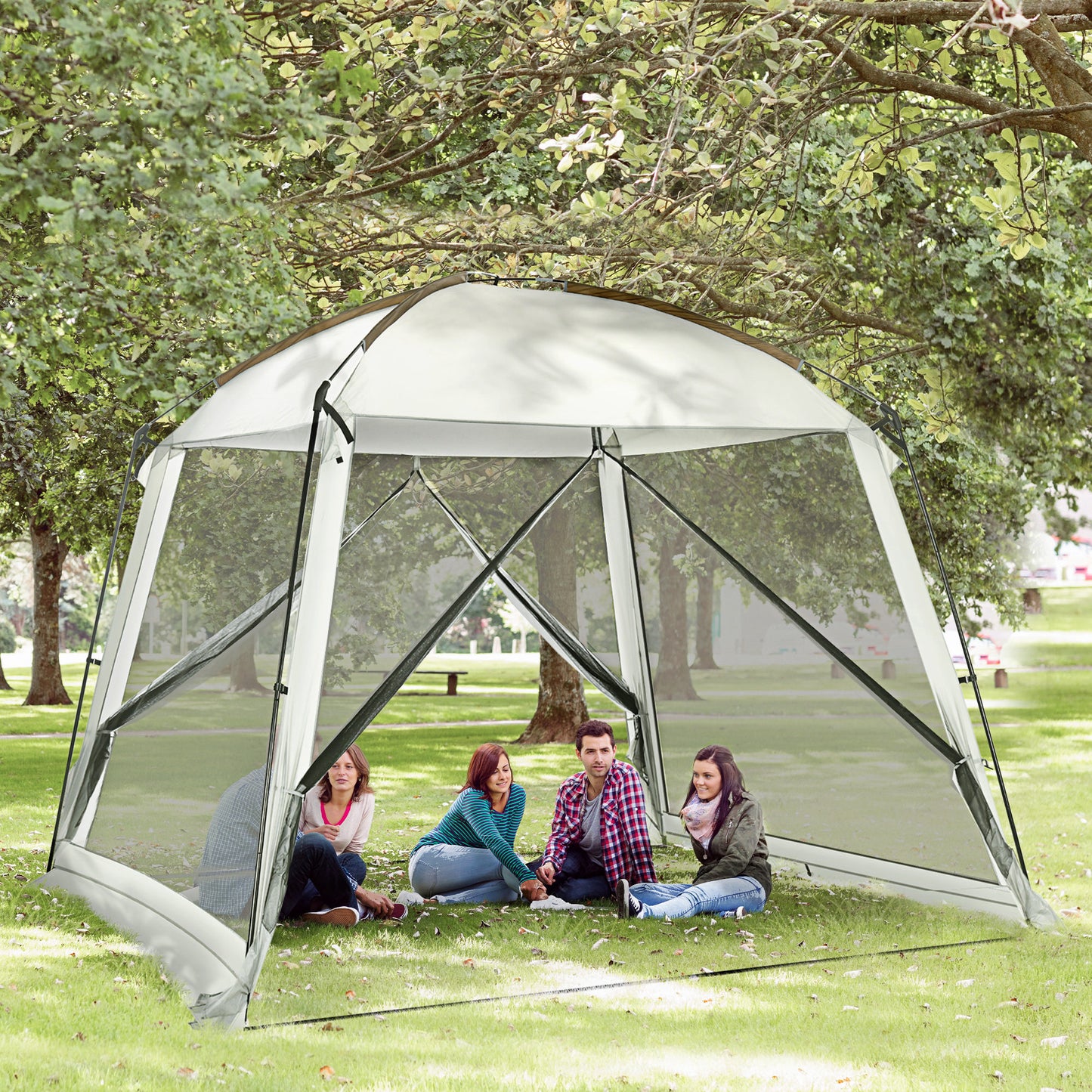 Outsunny Carpa de Jardín 3x3 m Cenador para 6-8 Personas con 4 Mosquiteras y 2 Puertas Protección UV50+ y Bolsa de Transporte Carpa para Camping Terraza Patio Exterior Blanco