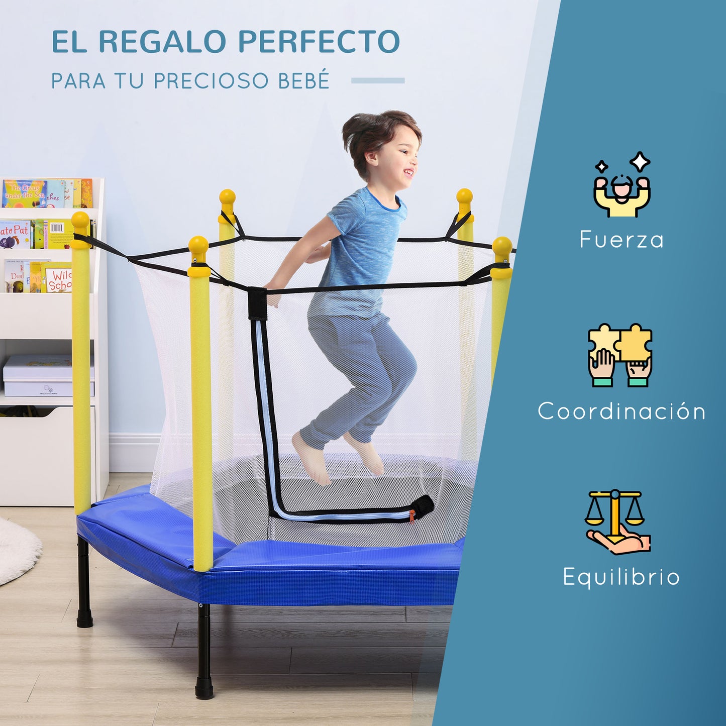 ZONEKIZ Cama Elástica para Niños con Red de Seguridad Trampolín Infantil para Niños de 3-6 Años para Interior Carga 50 kg 122x122x97 cm Azul