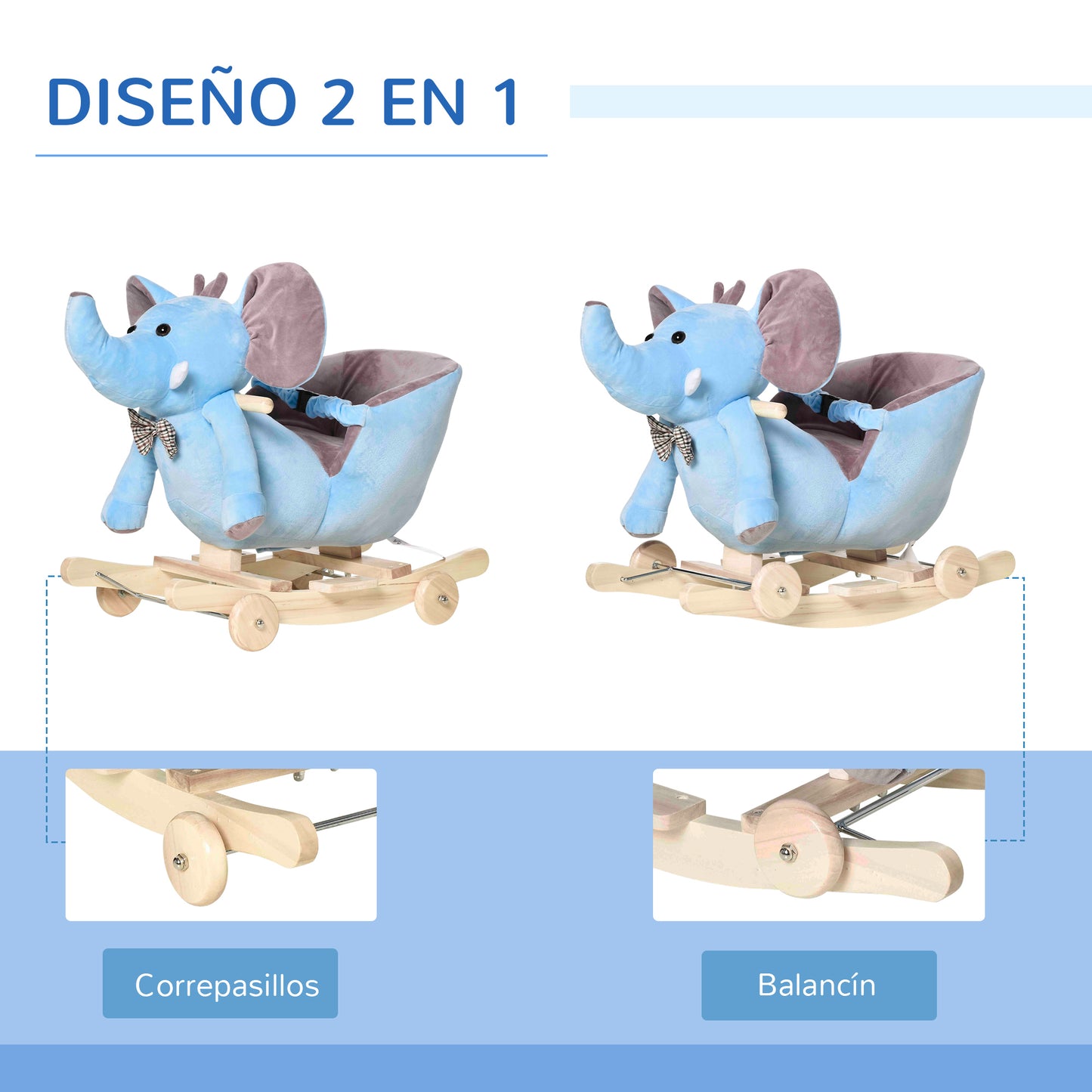 HOMCOM Caballito Balancín con Ruedas Forma de Elefante Caballo Balancín para Bebés de +18 Meses con Músicas Infantiles y Cinturón de Seguridad Carga 60 kg 60x35x45 cm Azul