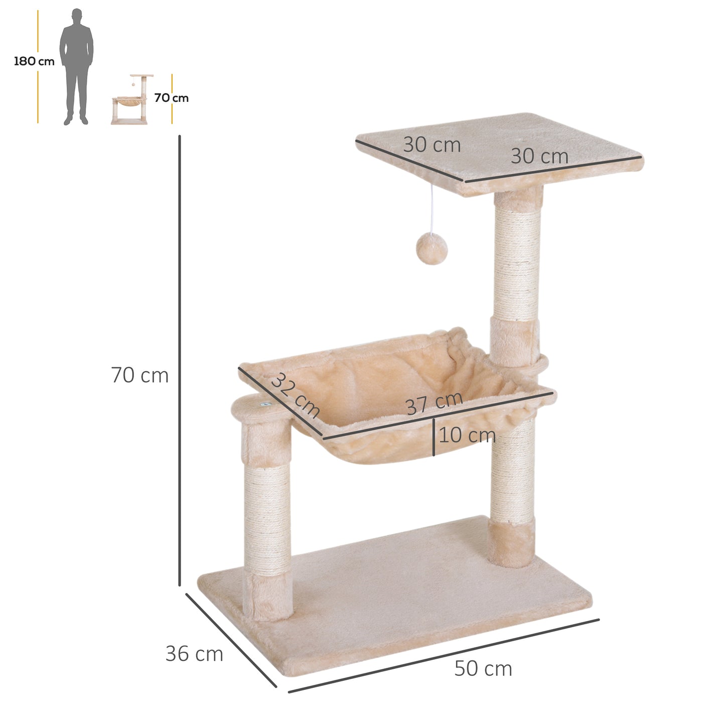 PawHut Árbol Rascador para Gatos Centro de Actividad Plataforma Caseta Postes de Sisal Hamaca Bola 50x36x70 cm Beige