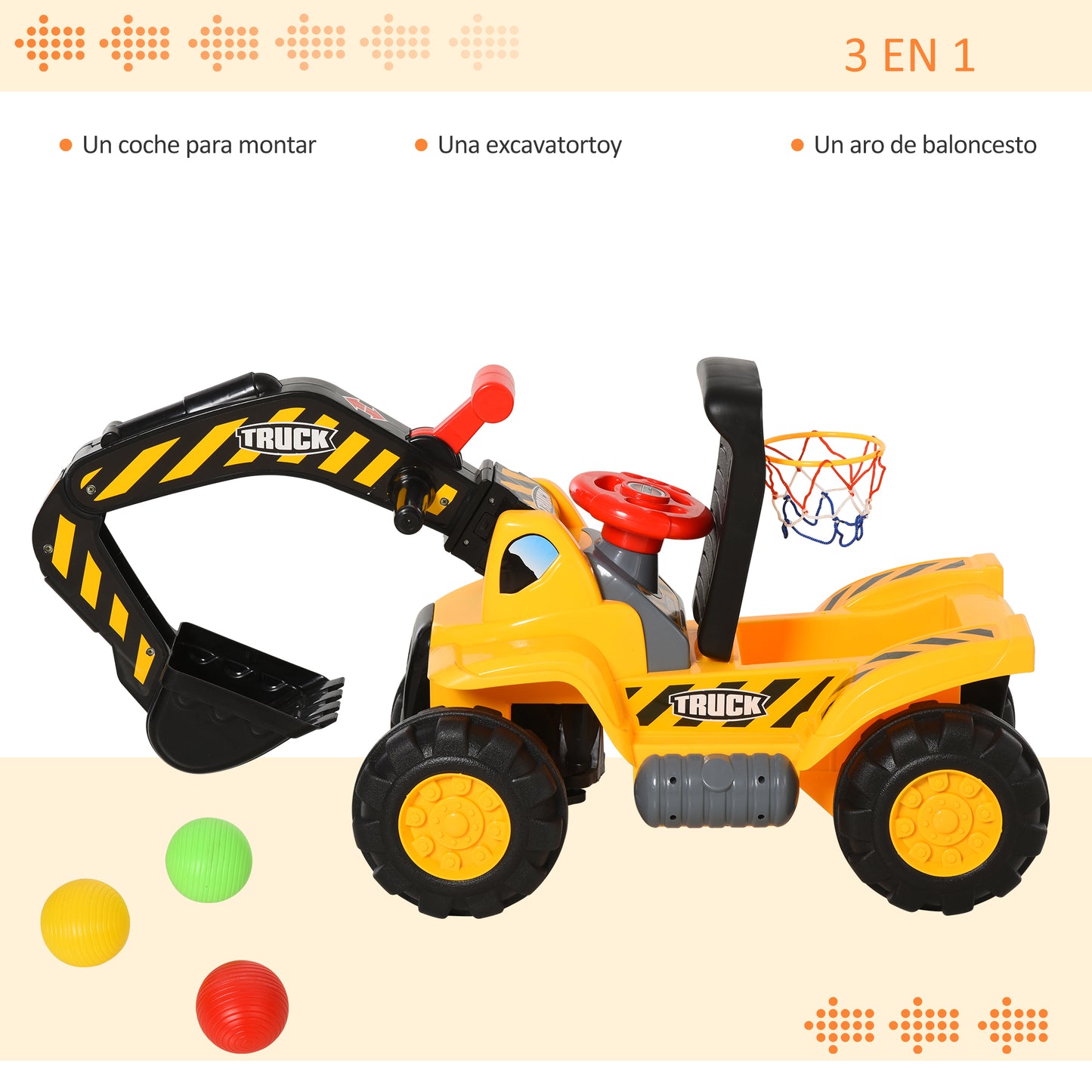 HOMCOM 4 en 1 Excavadora Juguete para Niños +18 Meses Tractor Infantil con Pala Caja Oculta de Almacenaje Aro de Baloncesto Volante Giratorio 98x30x46 cm Amarillo