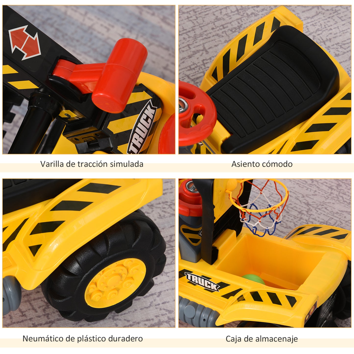 HOMCOM 4 en 1 Excavadora Juguete para Niños +18 Meses Tractor Infantil con Pala Caja Oculta de Almacenaje Aro de Baloncesto Volante Giratorio 98x30x46 cm Amarillo