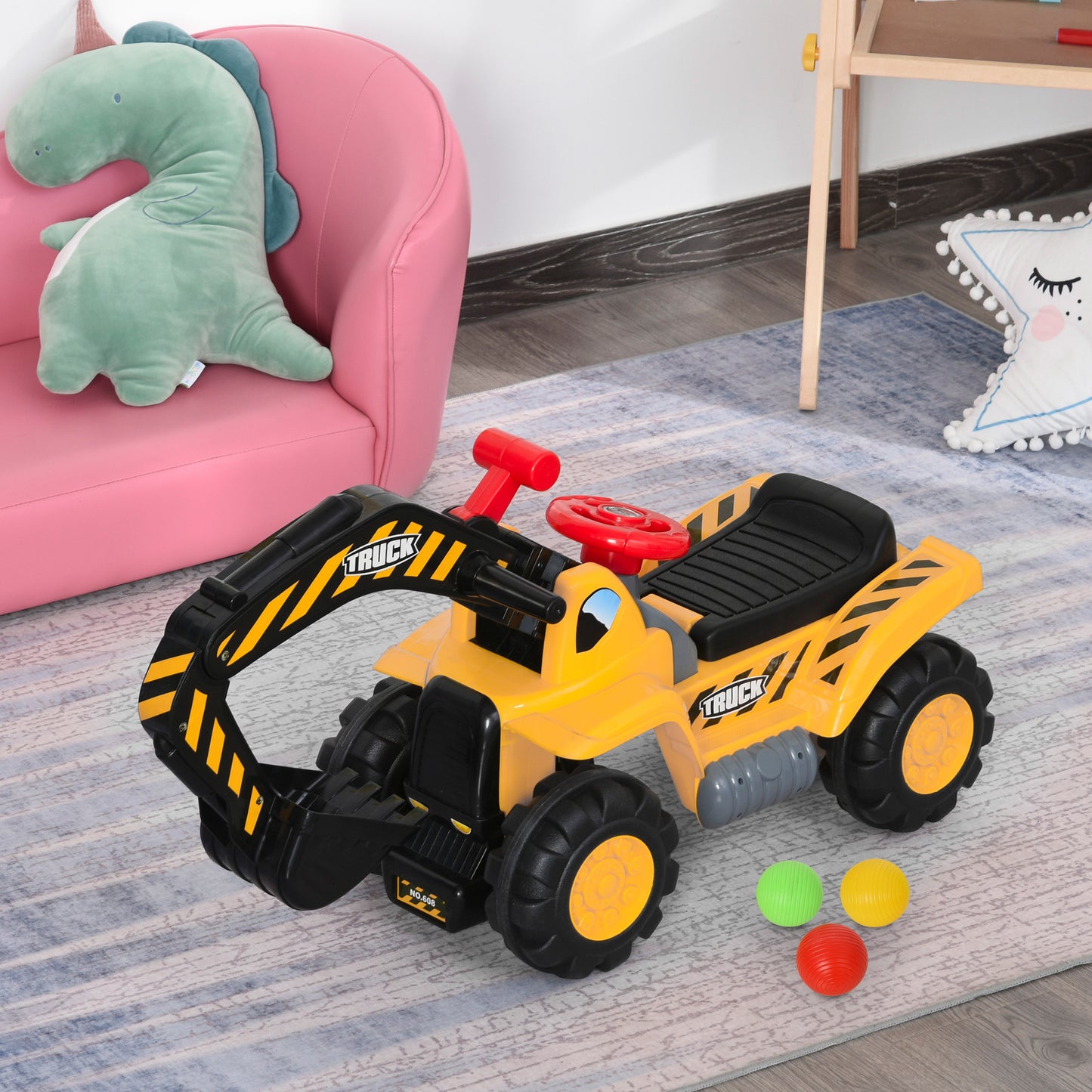 HOMCOM 4 en 1 Excavadora Juguete para Niños +18 Meses Tractor Infantil con Pala Caja Oculta de Almacenaje Aro de Baloncesto Volante Giratorio 98x30x46 cm Amarillo