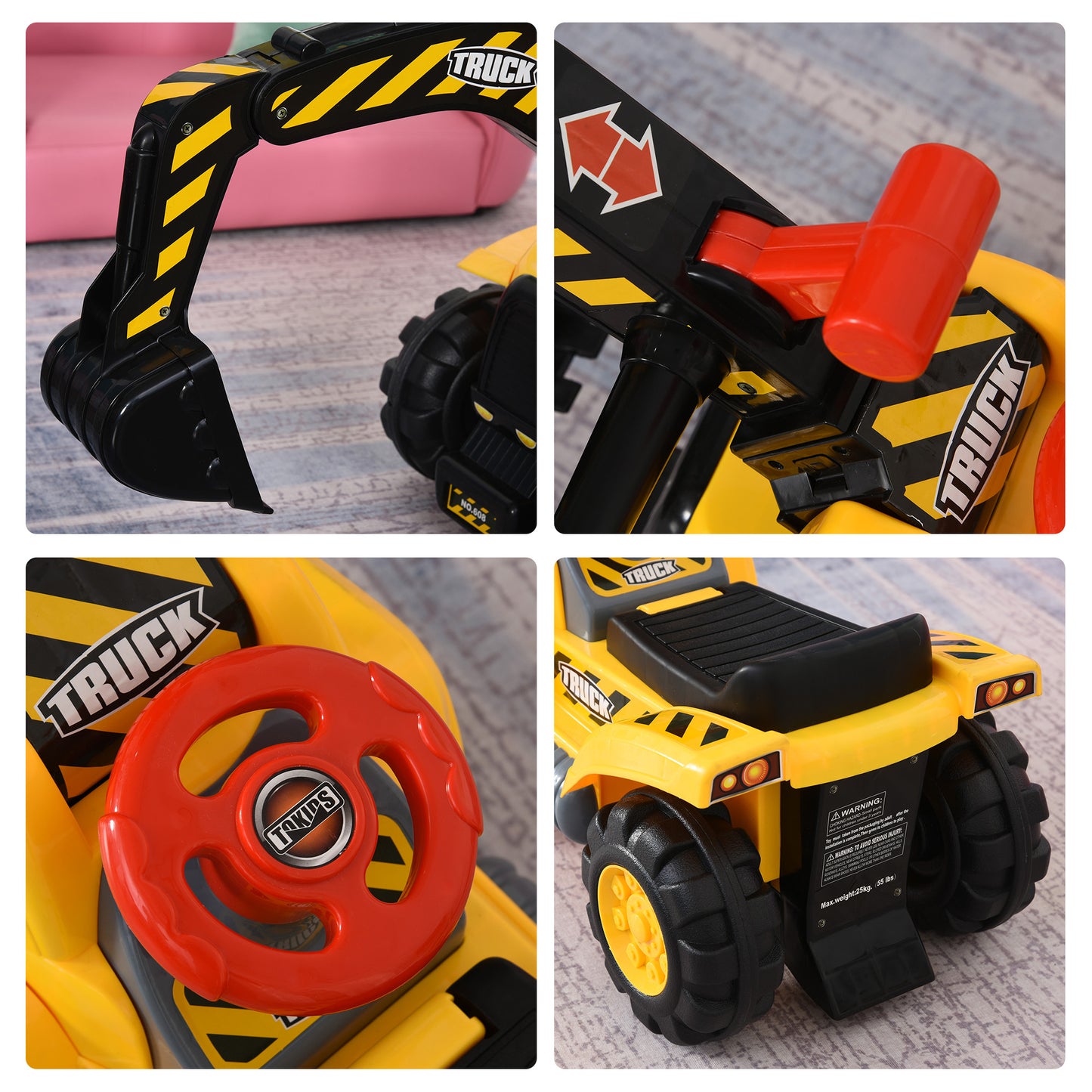 HOMCOM 4 en 1 Excavadora Juguete para Niños +18 Meses Tractor Infantil con Pala Caja Oculta de Almacenaje Aro de Baloncesto Volante Giratorio 98x30x46 cm Amarillo