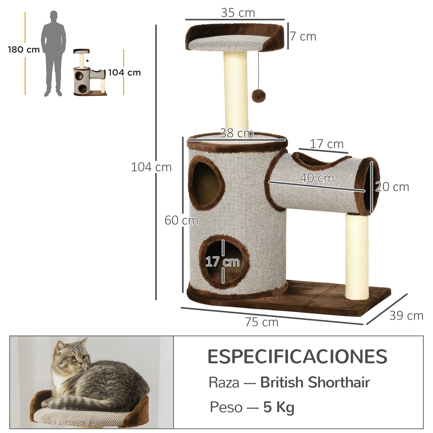 PawHut Árbol Rascador para Gatos Mediano Altura 104 cm Torre Escalador de Gato con Barril Rascador Cama Superior Túnel Postes de Sisal y Bola Colgante 75x39x104 cm Marrón