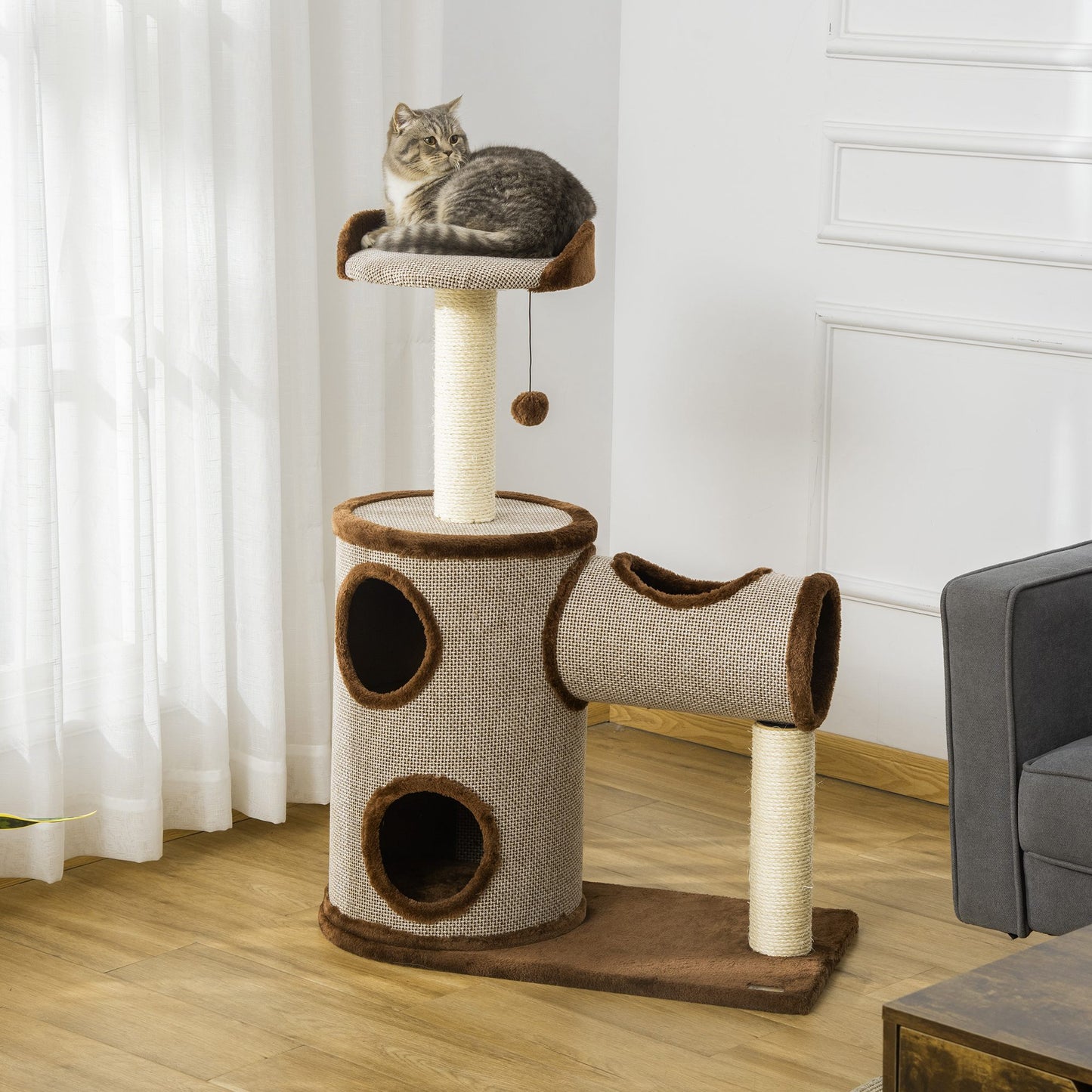 PawHut Árbol Rascador para Gatos Mediano Altura 104 cm Torre Escalador de Gato con Barril Rascador Cama Superior Túnel Postes de Sisal y Bola Colgante 75x39x104 cm Marrón