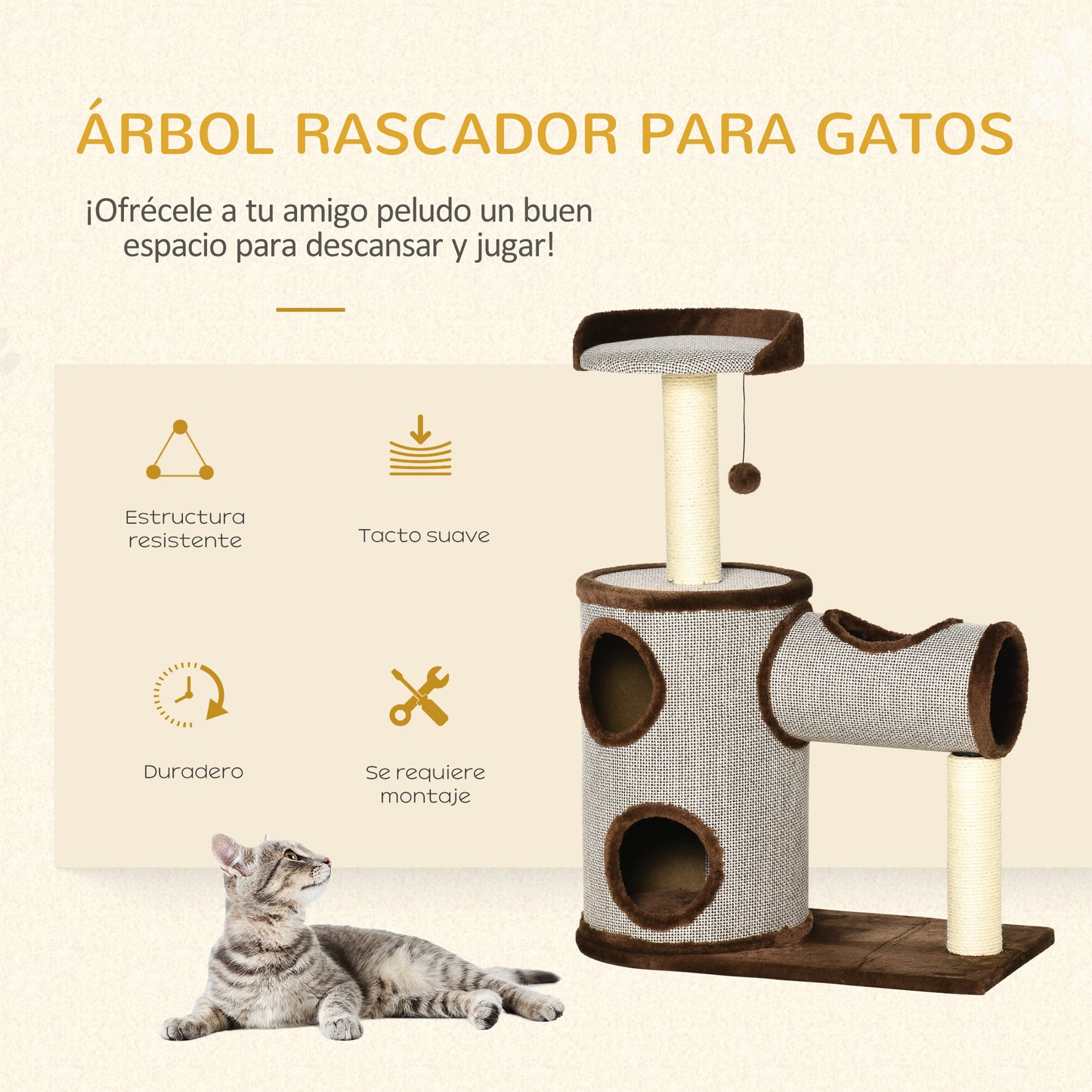 PawHut Árbol Rascador para Gatos Mediano Altura 104 cm Torre Escalador de Gato con Barril Rascador Cama Superior Túnel Postes de Sisal y Bola Colgante 75x39x104 cm Marrón