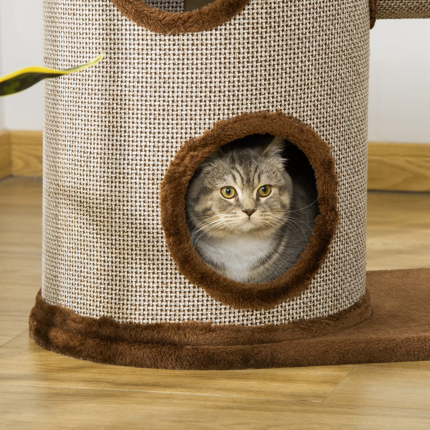 PawHut Árbol Rascador para Gatos Mediano Altura 104 cm Torre Escalador de Gato con Barril Rascador Cama Superior Túnel Postes de Sisal y Bola Colgante 75x39x104 cm Marrón