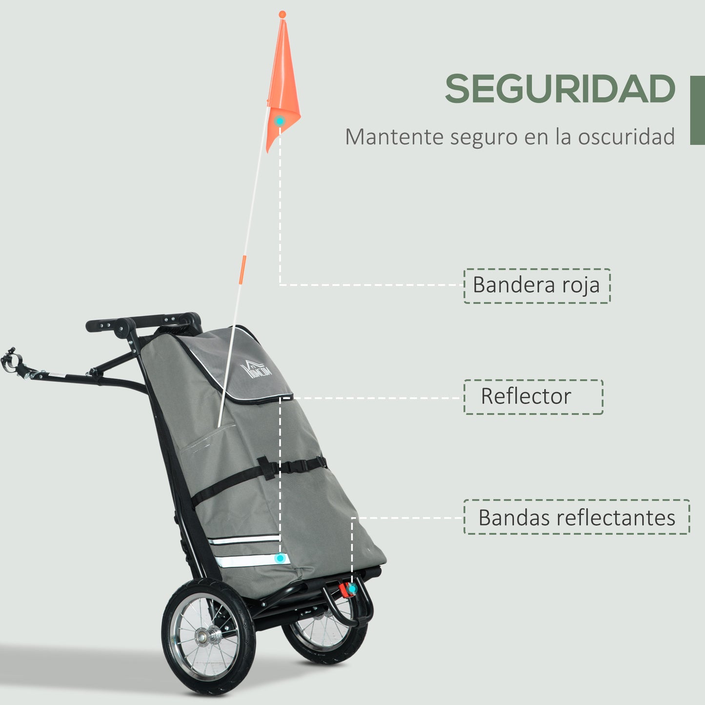 HOMCOM 2 en 1 Remolque de Bicicleta para Carga 22 kg Carro de la Compra Plegable con Bandera Mango de Empuje Desmontable 2 Bolsillos Laterales 2 Ruedas Marco de Acero y Reflectores 53x43x110 cm Gris