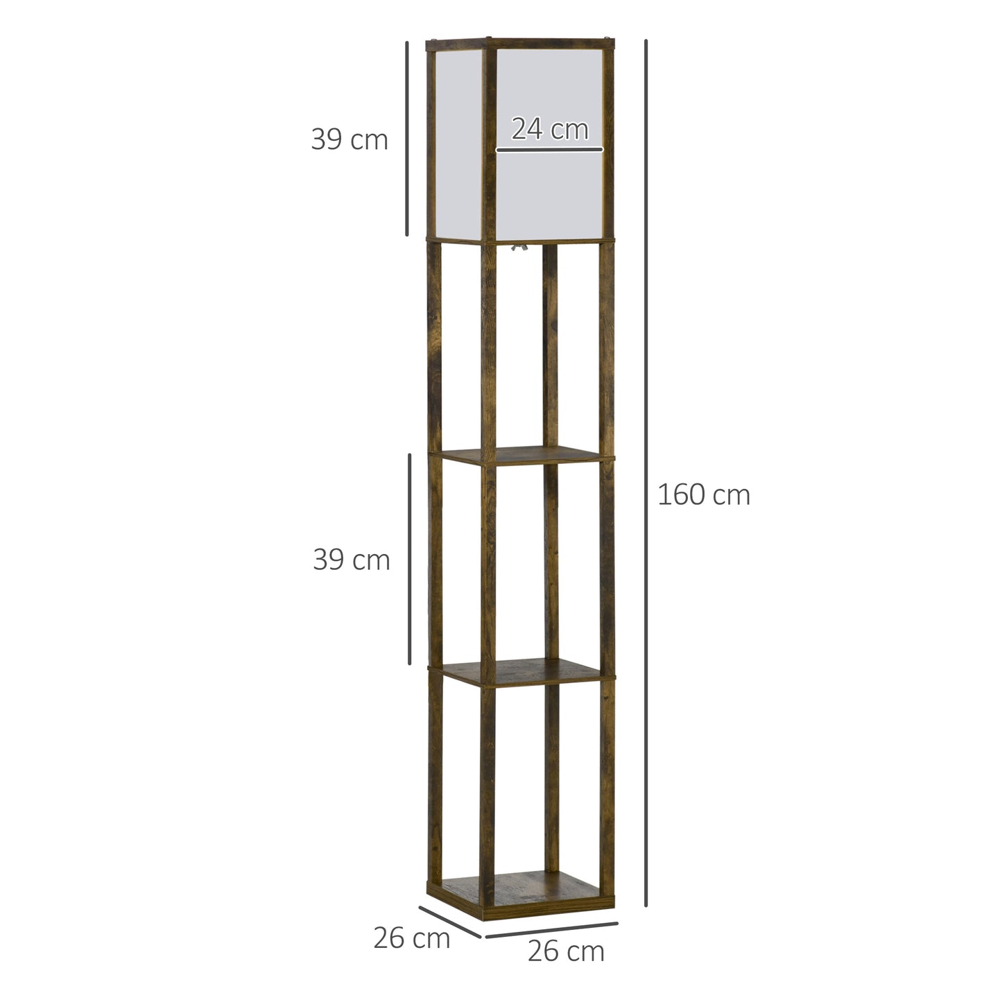 HOMCOM Lámpara de Pie de Madera con 3 Estantes de Almacenaje para Bombilla E27 Potencia Máx. 40W Lámpara Moderna para Salón Dormitorio 26x26x160 cm Marrón Rústico