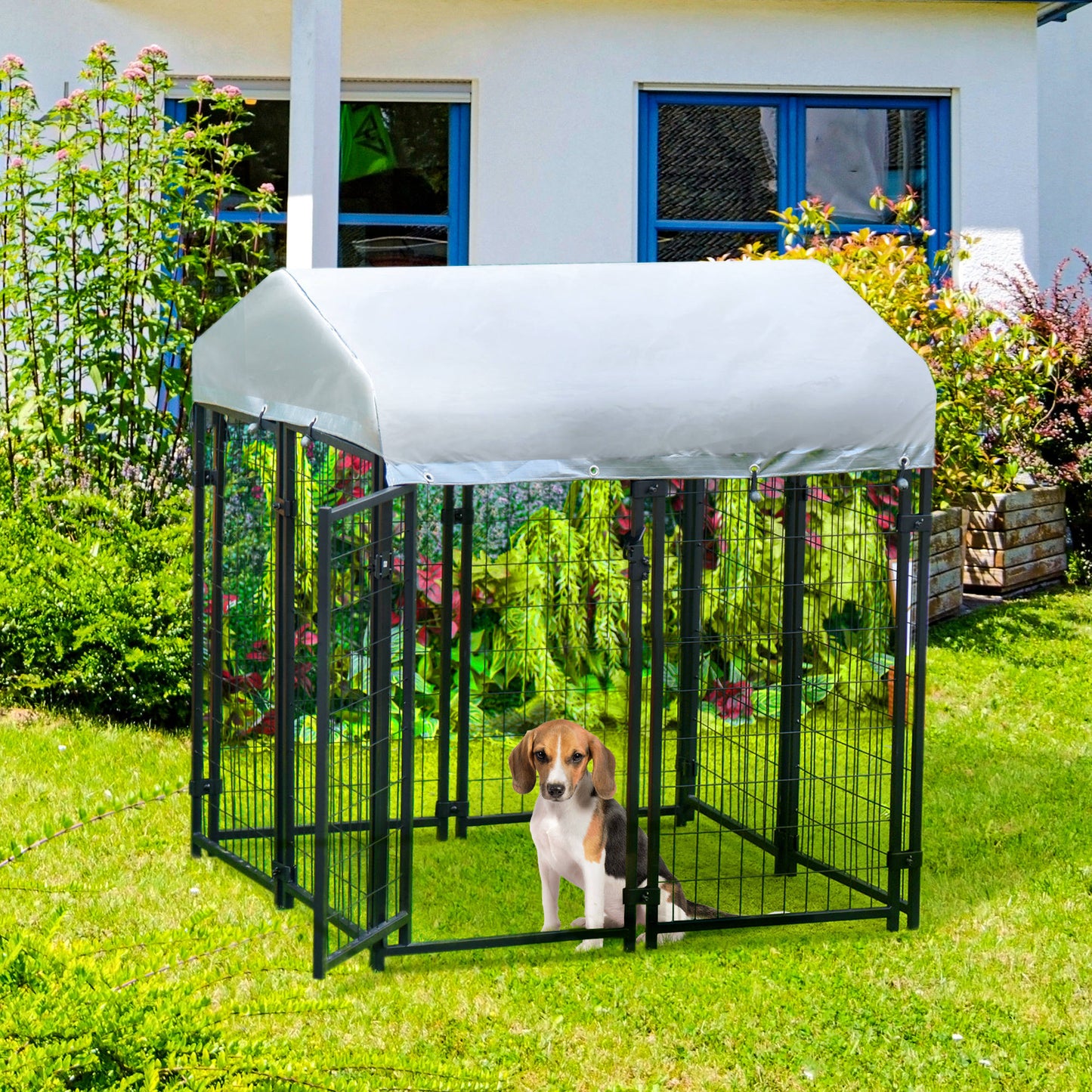 Pawhut Perrera de Exterior con Techo 120x120x138 cm Jaula para Perros Parque para Mascotas con Malla de Metal y Puerta con Cerradura para Jardín Patio Plata