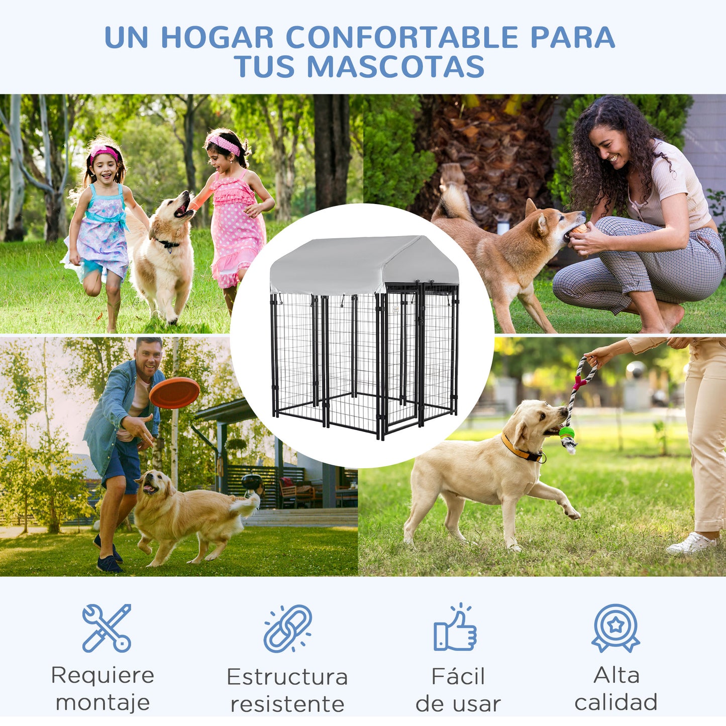 Pawhut Perrera de Exterior con Techo 120x120x138 cm Jaula para Perros Parque para Mascotas con Malla de Metal y Puerta con Cerradura para Jardín Patio Plata