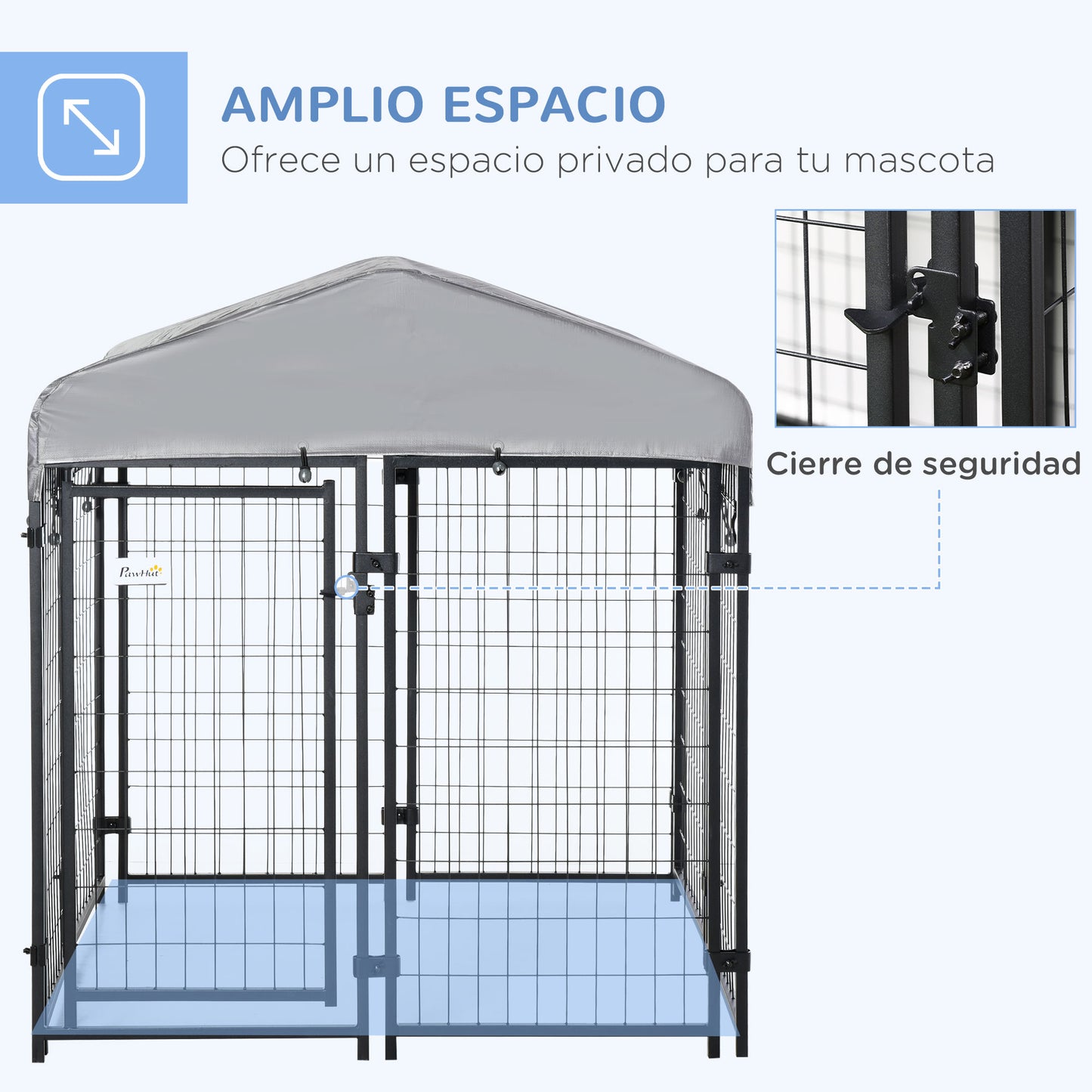 Pawhut Perrera de Exterior con Techo 120x120x138 cm Jaula para Perros Parque para Mascotas con Malla de Metal y Puerta con Cerradura para Jardín Patio Plata