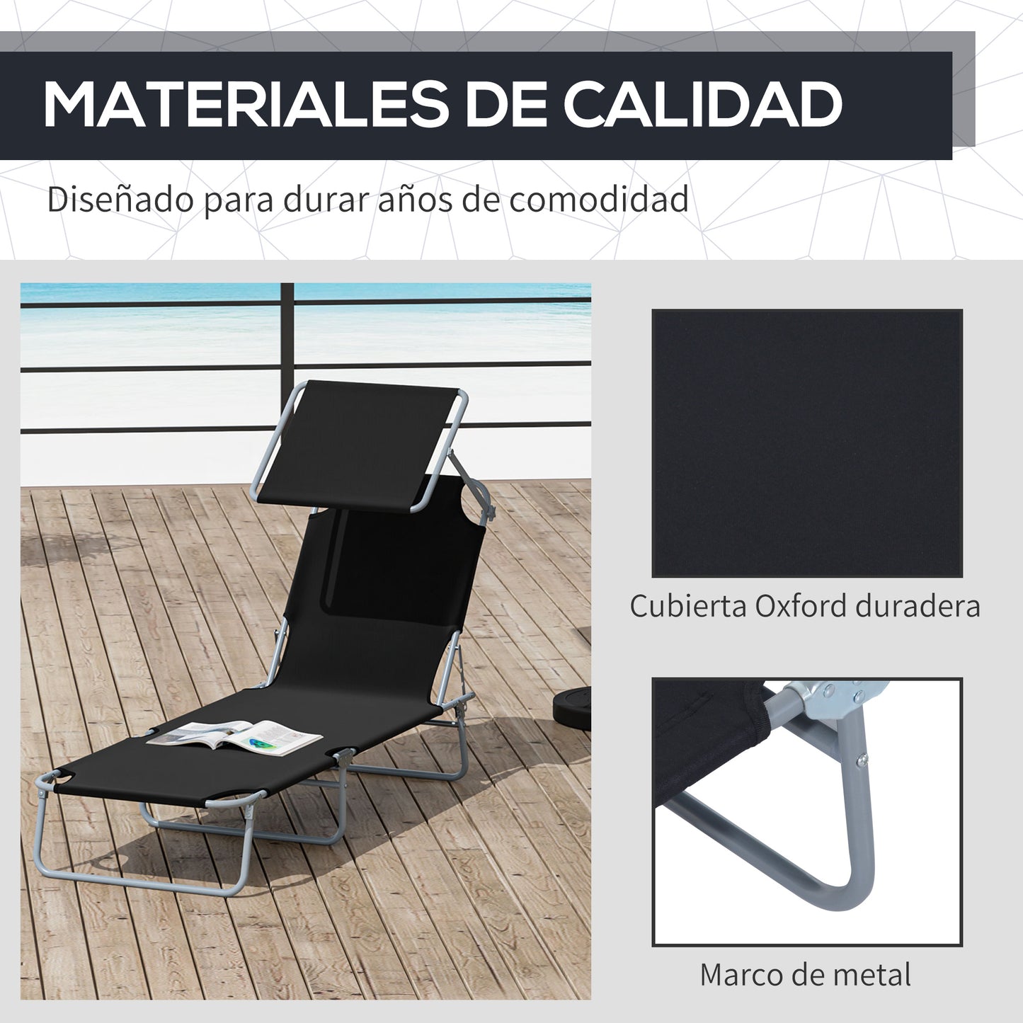 Outsunny Tumbona de Jardín Plegable Silla Tumbona con Toldo Desmontable y Regulable Respaldo Reclinable para Terraza Acampada al Aire Libre 187x58x36 cm Negro