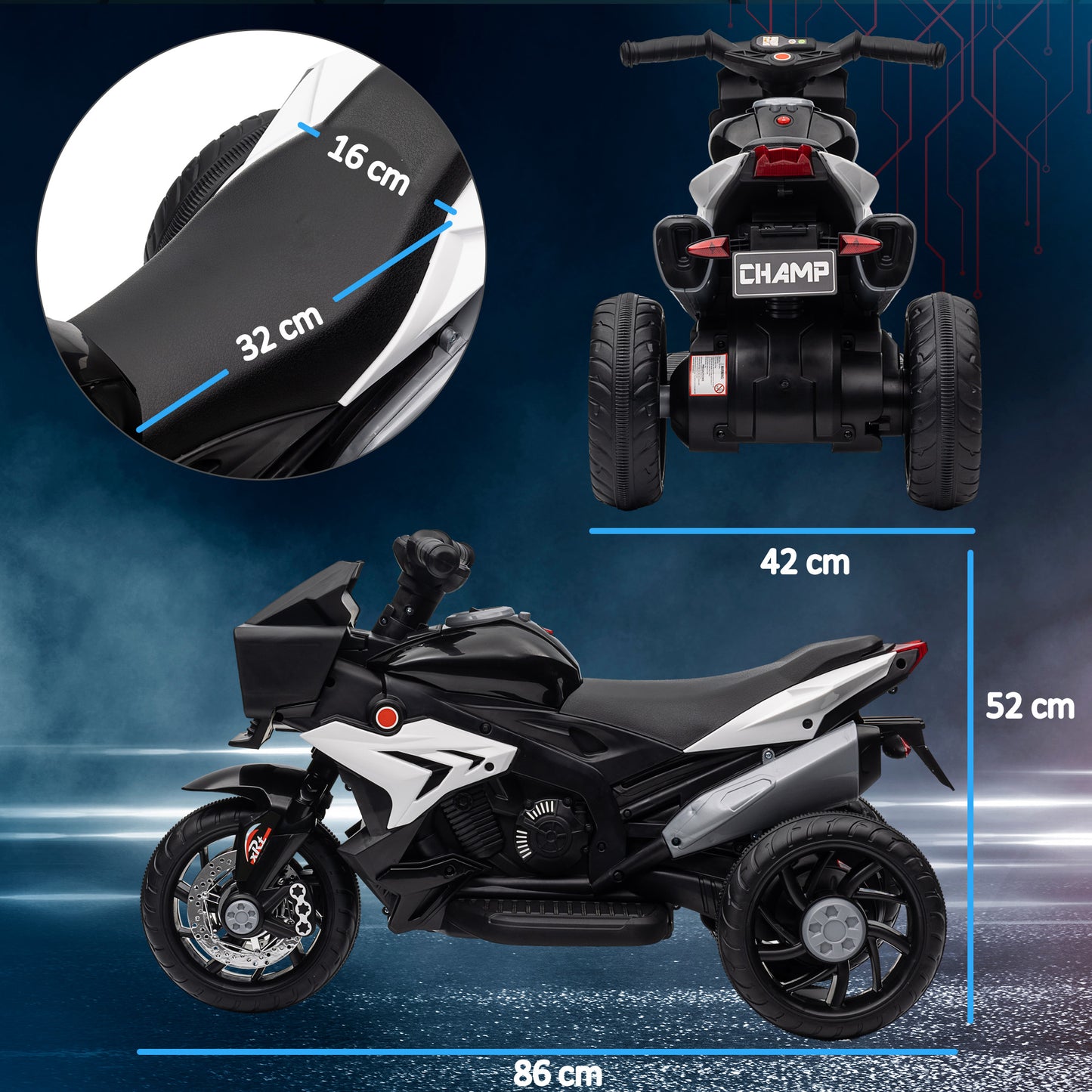 HOMCOM Moto Eléctrica para Niños de +3 Años Moto de Batería 6V con Luces Música Bocina Neumáticos Anchos Moto para Niños con Velocidad 3 km/h Negro