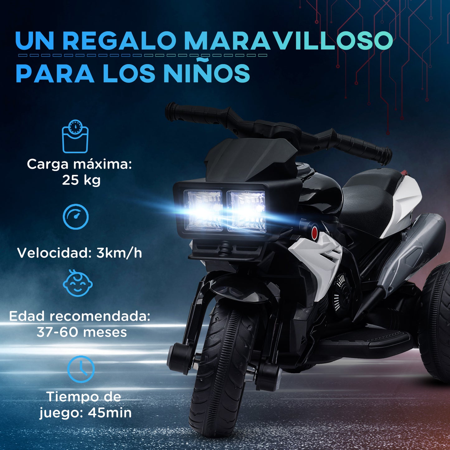 HOMCOM Moto Eléctrica para Niños de +3 Años Moto de Batería 6V con Luces Música Bocina Neumáticos Anchos Moto para Niños con Velocidad 3 km/h Negro